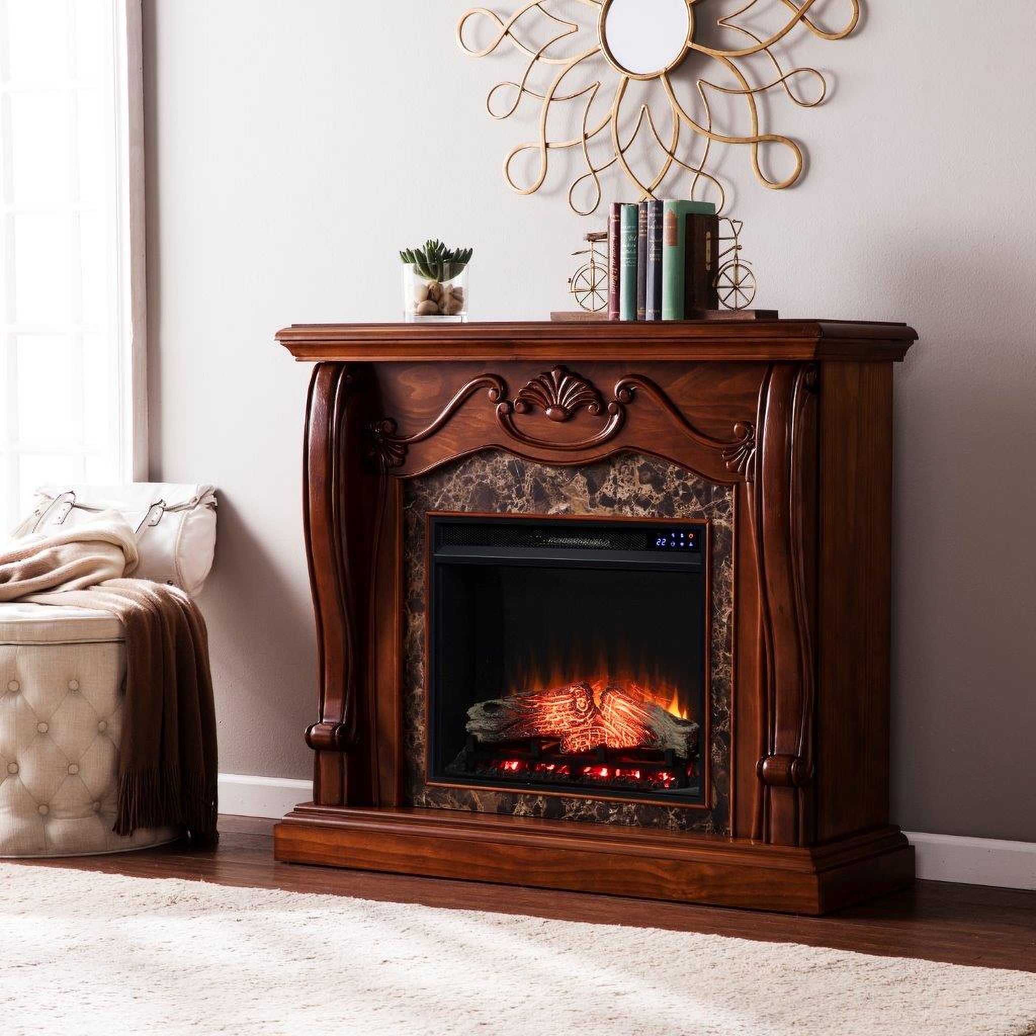 The appearance of Cardona Touch Screen Electric Fireplace With Faux Marble designed by SEI Furniture in the traditional interior design. This walnut piece of furniture  was selected by 1StopBedrooms from Cardona Collection to add a touch of cosiness and style into your home. Sku: FR9664. Material: Wood.