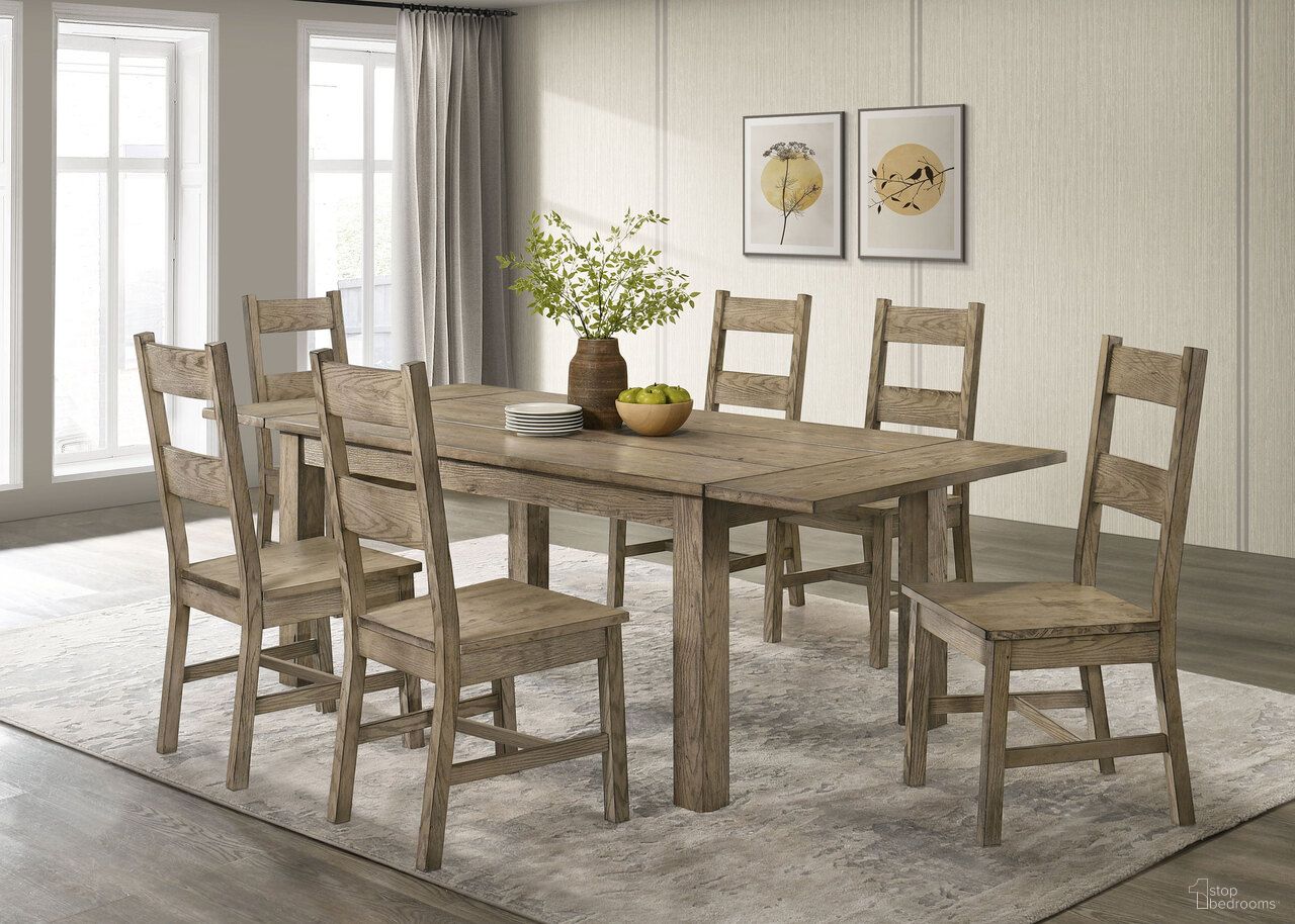 The appearance of Cardova Solid Wood Extension Dining Room Set In Vineyard Oak designed by Coaster in the rustic / southwestern interior design. This vineyard oak piece of furniture was selected by 1StopBedrooms from Cardova Collection to add a touch of cosiness and style into your home. Sku: 192921;192922. Table Top Shape: Rectangular. Material: Rubberwood. Size: 39.25" x 63".