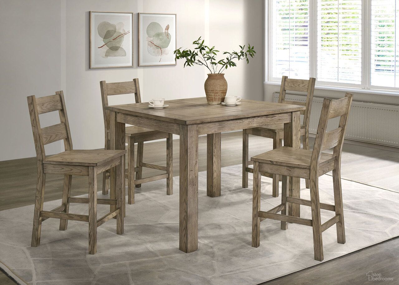 The appearance of Cardova Square Counter Height Dining Room Set In Vineyard Oak designed by Coaster in the rustic / southwestern interior design. This vineyard oak piece of furniture was selected by 1StopBedrooms from Cardova Collection to add a touch of cosiness and style into your home. Sku: 192928;192929. Table Top Shape: Square. Material: Rubberwood. Size: 43" x 43".