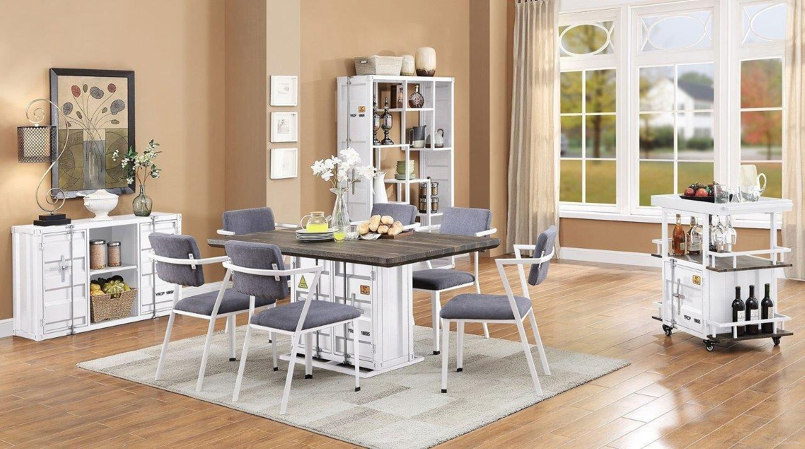 The appearance of Cargo Dining Room Set (White) designed by ACME in the industrial interior design. This white piece of furniture was selected by 1StopBedrooms from Cargo Collection to add a touch of cosiness and style into your home. Sku: 77880T;77881ST;77882. Table Base Style: Pedestal. Material: Metal. Table Top Shape: Rectangular. Size: 38" x 66".