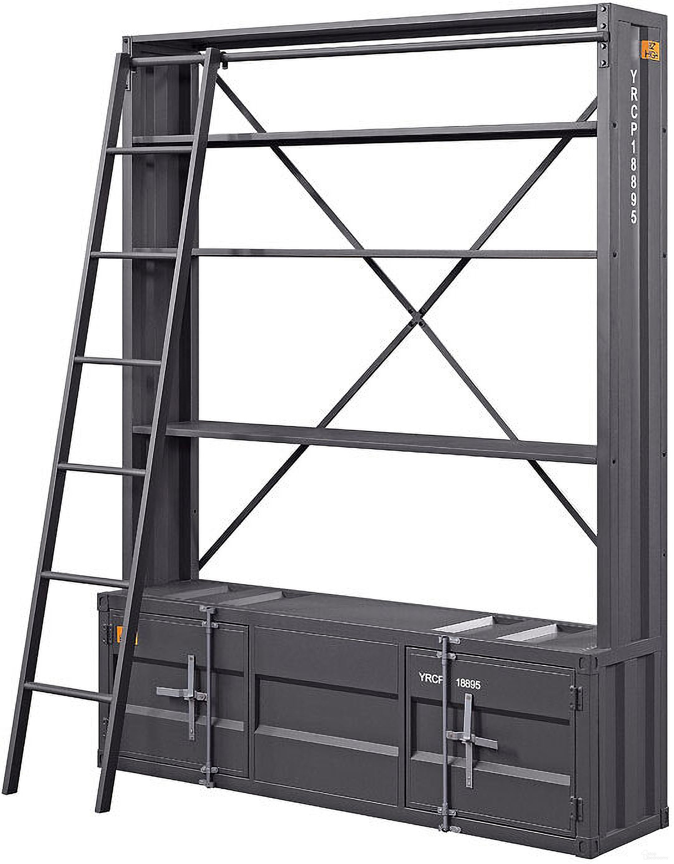 The appearance of Cargo Youth Bookshelf w/ Ladder (Gunmetal) designed by ACME in the industrial interior design. This gunmetal piece of furniture was selected by 1StopBedrooms from Cargo Collection to add a touch of cosiness and style into your home. Sku: 39887. Material: Metal.