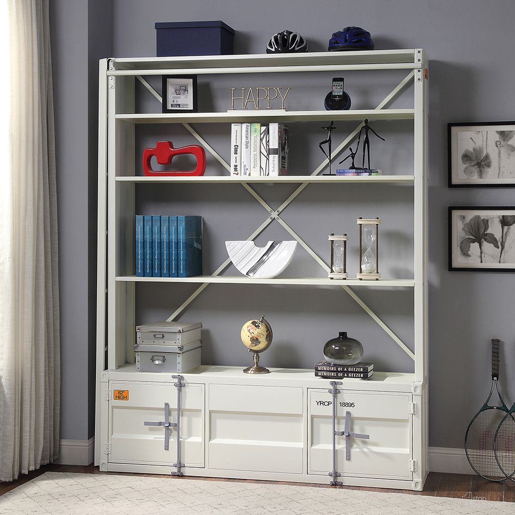 The appearance of Cargo Youth Bookshelf w/ Ladder (White) designed by ACME in the industrial interior design. This white piece of furniture  was selected by 1StopBedrooms from Cargo Collection to add a touch of cosiness and style into your home. Sku: 39882. Material: Metal.