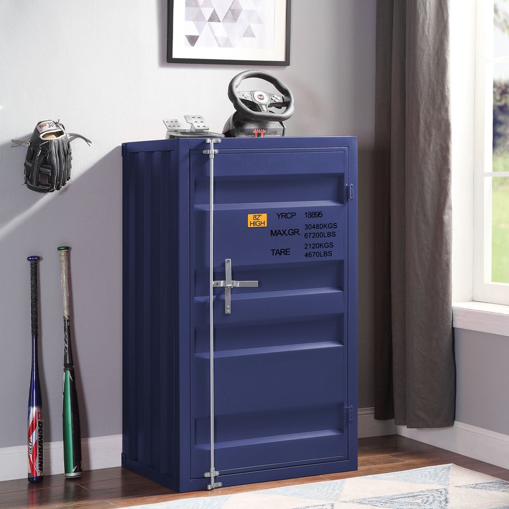 The appearance of Cargo Youth Chest (Blue) designed by ACME in the industrial interior design. This blue piece of furniture was selected by 1StopBedrooms from Cargo Collection to add a touch of cosiness and style into your home. Sku: 35940. Material: Metal.