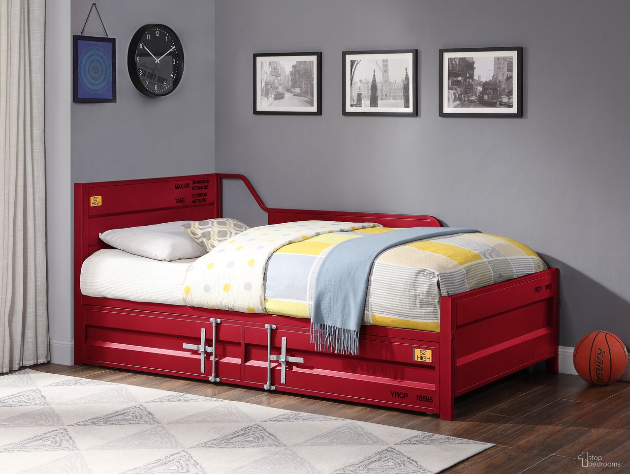 The appearance of Cargo Youth Daybed w/ Trundle (Red) designed by ACME in the industrial interior design. This red piece of furniture was selected by 1StopBedrooms from Cargo Collection to add a touch of cosiness and style into your home. Sku: 39895. Bed Type: Daybed. Material: Metal.