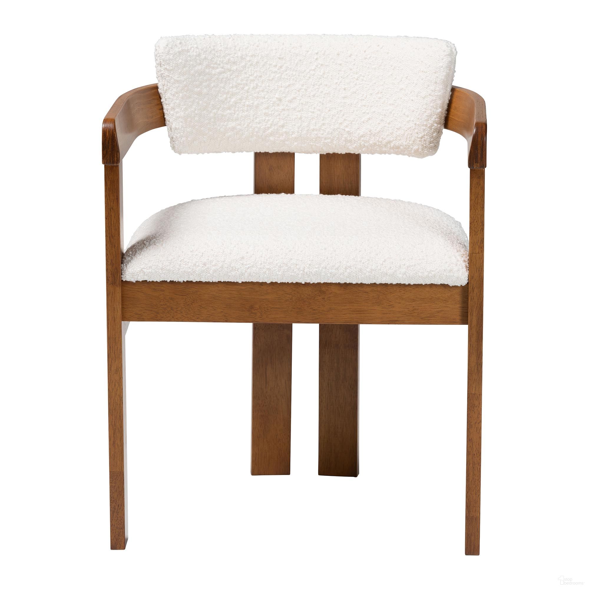 The appearance of Carice Boucle Dining Chair In Cream and Walnut Brown designed by Baxton Studio in the modern / contemporary interior design. This cream/walnut brown piece of furniture was selected by 1StopBedrooms from Carice Collection to add a touch of cosiness and style into your home. Sku: BBT5539-Walnut/Cream-DC. Chair Type: Arm Chair. Material: Solid Rubberwood.