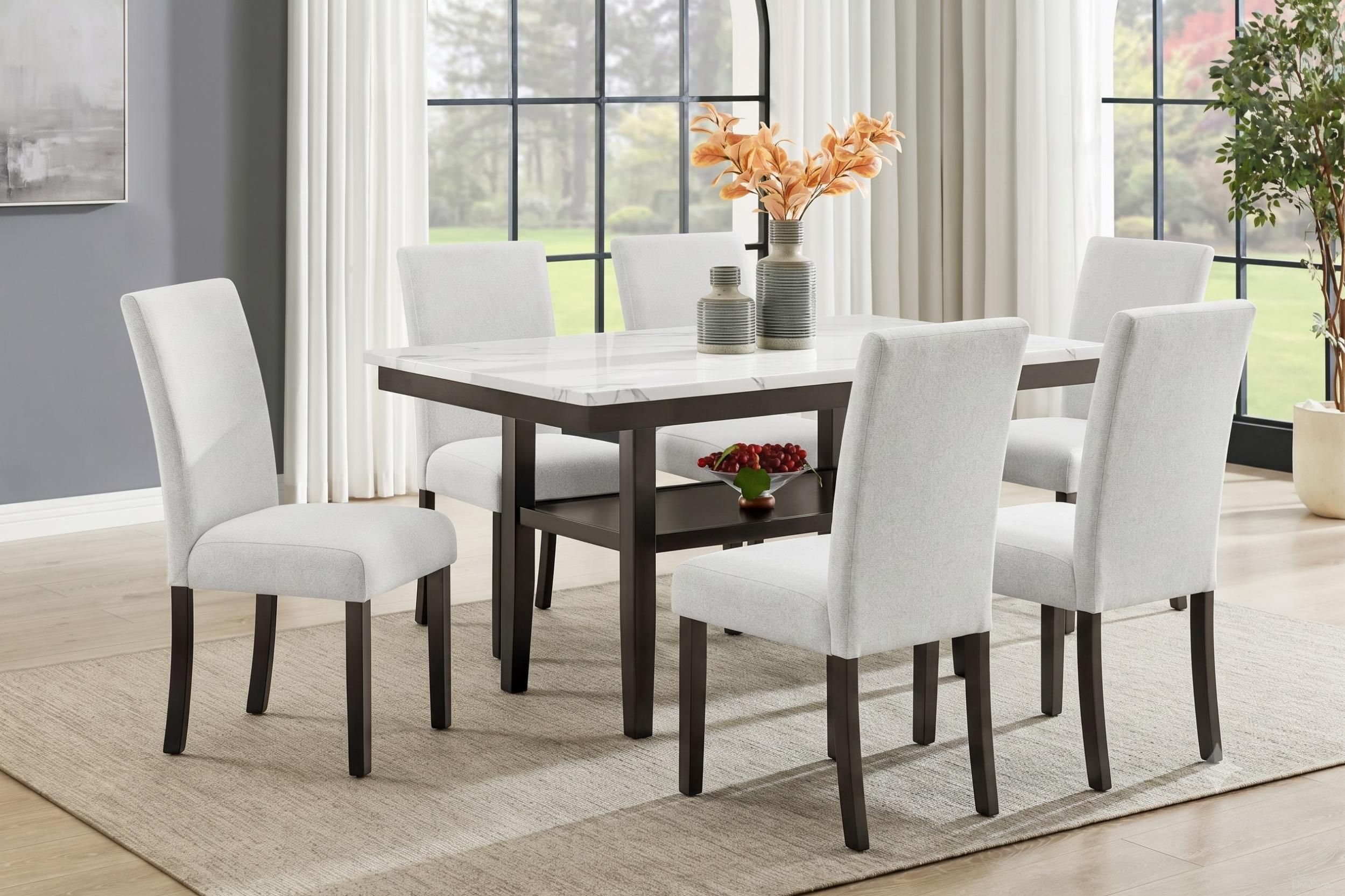 Carissa 60 Inch Rectangle Dining Room Set with Storage Shelf In White and Espresso