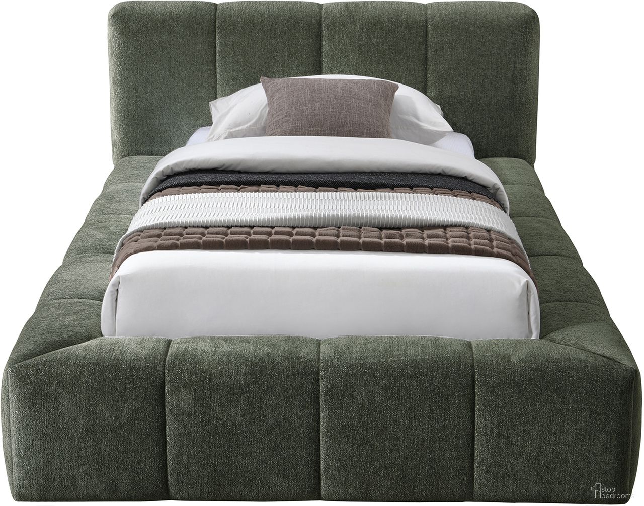 The appearance of Carlin Chenille Fabric Twin Bed In Olive designed by Meridian in the modern / contemporary interior design. This olive piece of furniture  was selected by 1StopBedrooms from Carlin Collection to add a touch of cosiness and style into your home. Sku: CarlinOlive-T Box 1/3 (Headboard);CarlinOlive-T Box 2/3 (Footboard / Rails / Legs / Hardware);CarlinOlive-T Box 3/3 (Slats). Bed Size: Twin. Material: Chenille. Bed Type: Upholstered Bed.