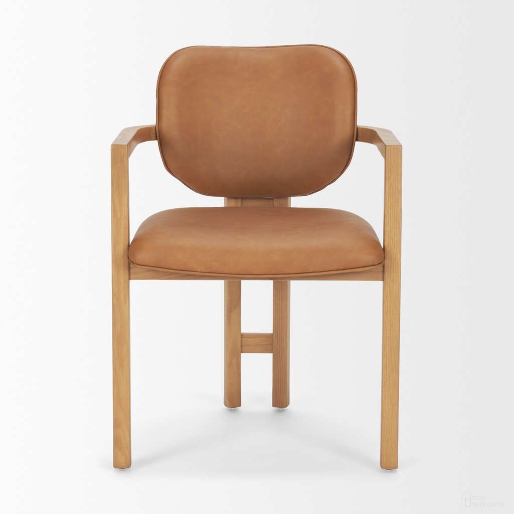 The appearance of Carlisle Curved Back Dining Armchair with Leather Tripod Frame In Tan designed by Mercana in the traditional interior design. This tan piece of furniture  was selected by 1StopBedrooms from Carlisle Collection to add a touch of cosiness and style into your home. Sku: 71255. Material: Leather. Chair Type: Arm Chair.