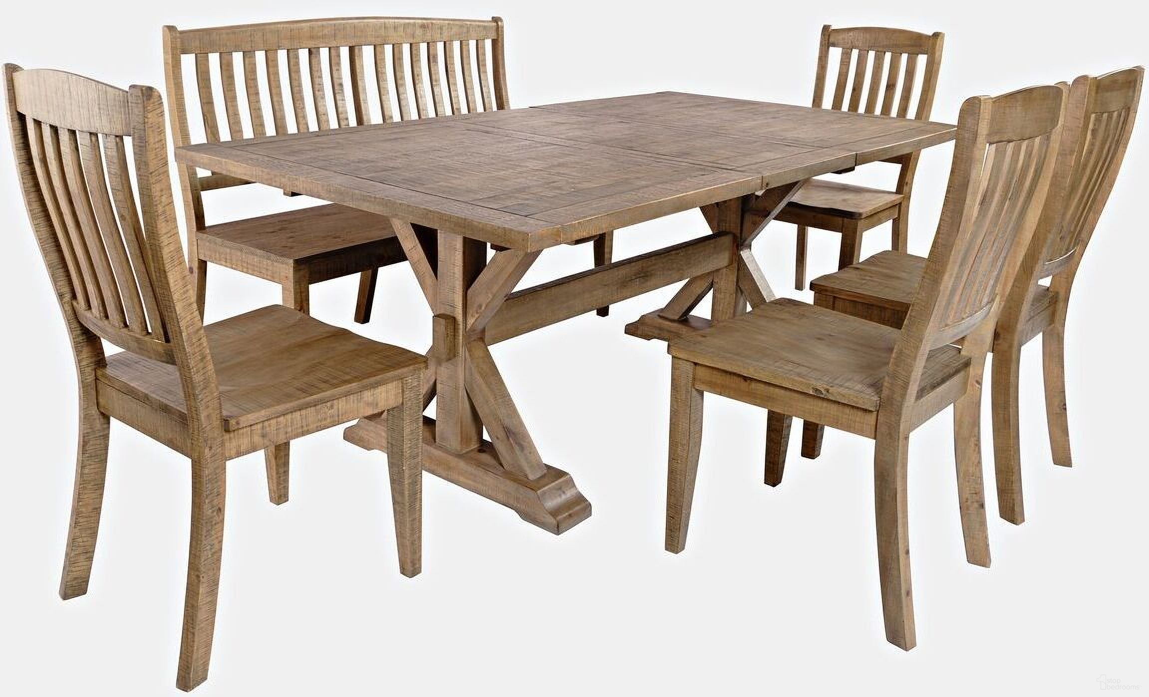 The appearance of Carlyle Crossing 78 Inch 6 Piece Dining Room Set with Bench and Slat Chairs In Medium Brown designed by Jofran in the rustic / southwestern interior design. This medium brown piece of furniture  was selected by 1StopBedrooms from Carlyle Crossing Collection to add a touch of cosiness and style into your home. Sku: 1921-78T;1921-54KD;1921-400KD;1921-78BDNG;1921-400KD. Material: Pine.