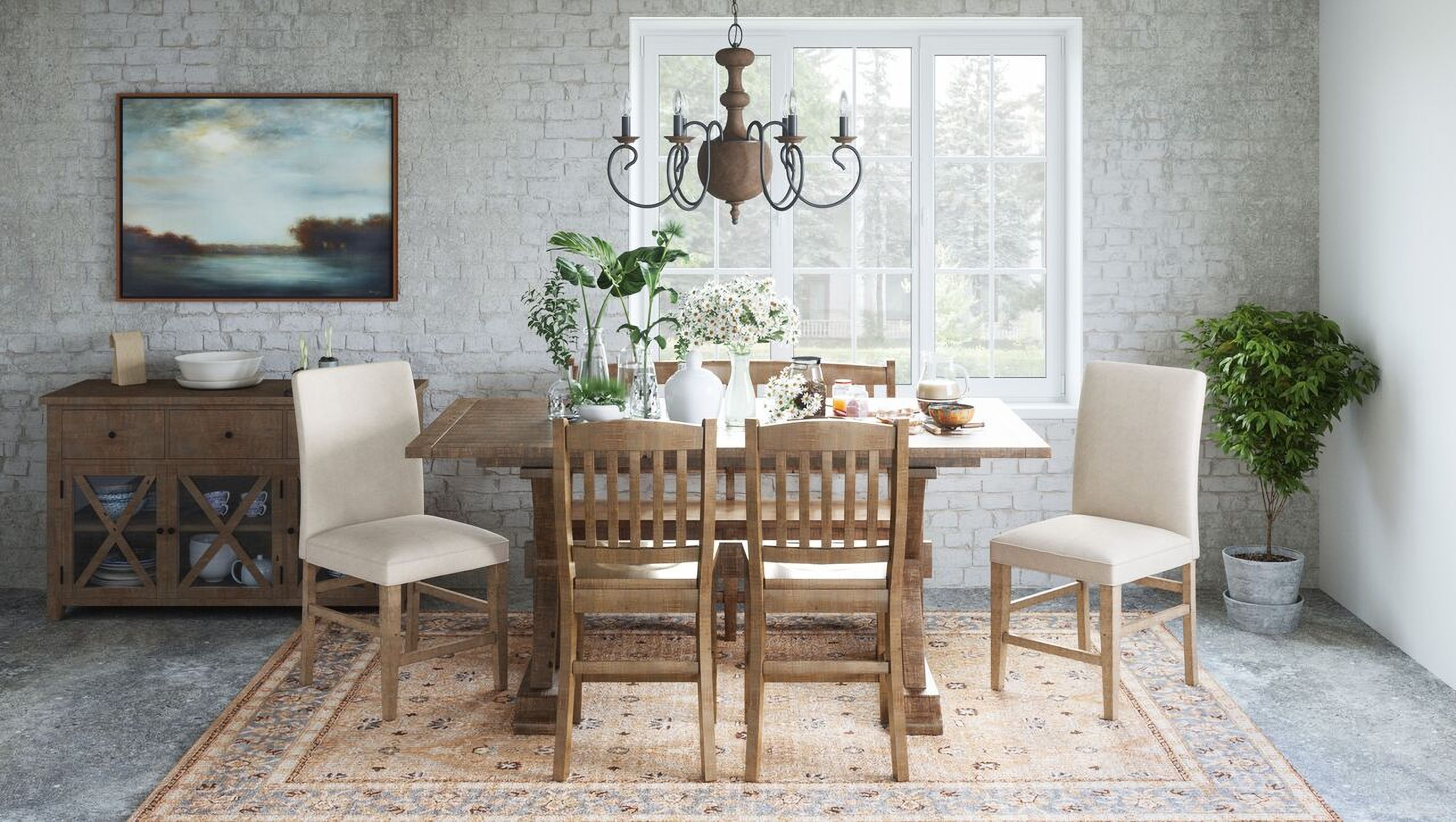 The appearance of Carlyle Crossing 78 Inch 6 Piece Dining Room Set with Bench and Upholstered Chairs In Medium Brown designed by Jofran in the rustic / southwestern interior design. This medium brown piece of furniture was selected by 1StopBedrooms from Carlyle Crossing Collection to add a touch of cosiness and style into your home. Sku: 1921-78T;1921-54KD;1921-405KD;1921-78BDNG;1921-405KD. Material: Pine.