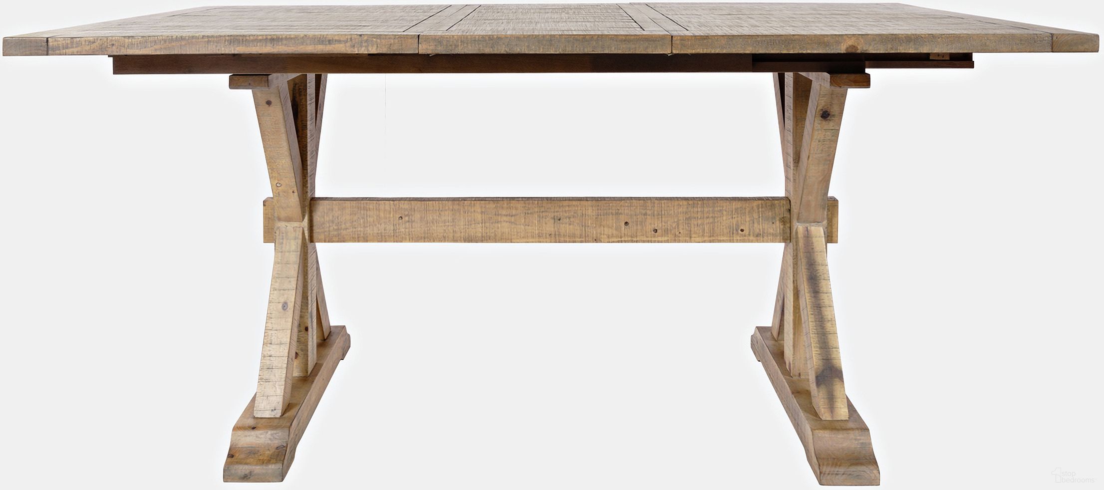The appearance of Carlyle Crossing 78 Inch Extension Counter Height Dining Table In Medium Brown designed by Jofran in the rustic / southwestern interior design. This medium brown piece of furniture  was selected by 1StopBedrooms from Carlyle Crossing Collection to add a touch of cosiness and style into your home. Sku: 1921-78BCH;1921-78T. Table Base Style: Trestle. Table Top Shape: Rectangular. Material: Pine. Size: 42" x 78".