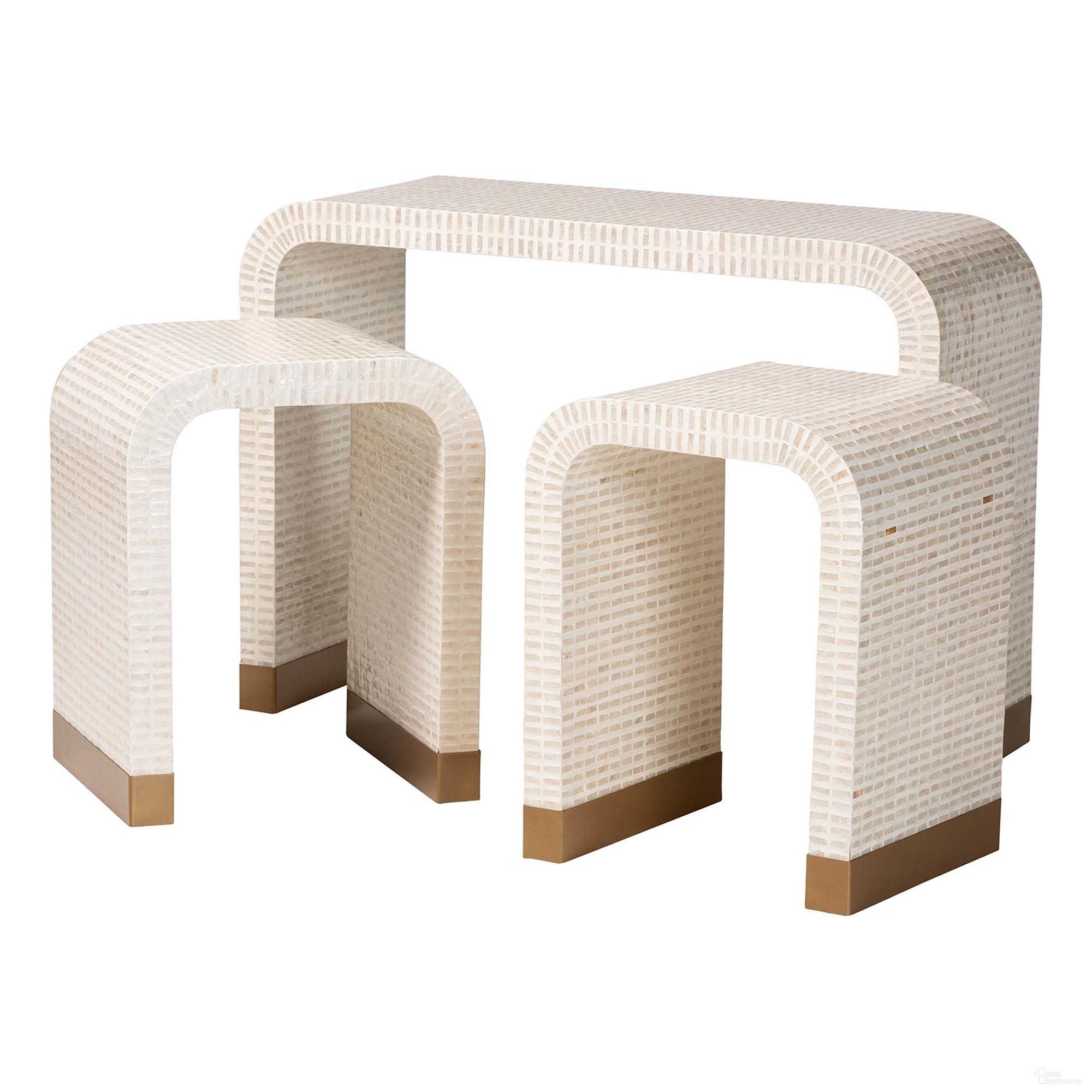 Carlyn Mother of Pearl Capiz Shell 3-Piece Accent Table Set In Beige/White/Gold