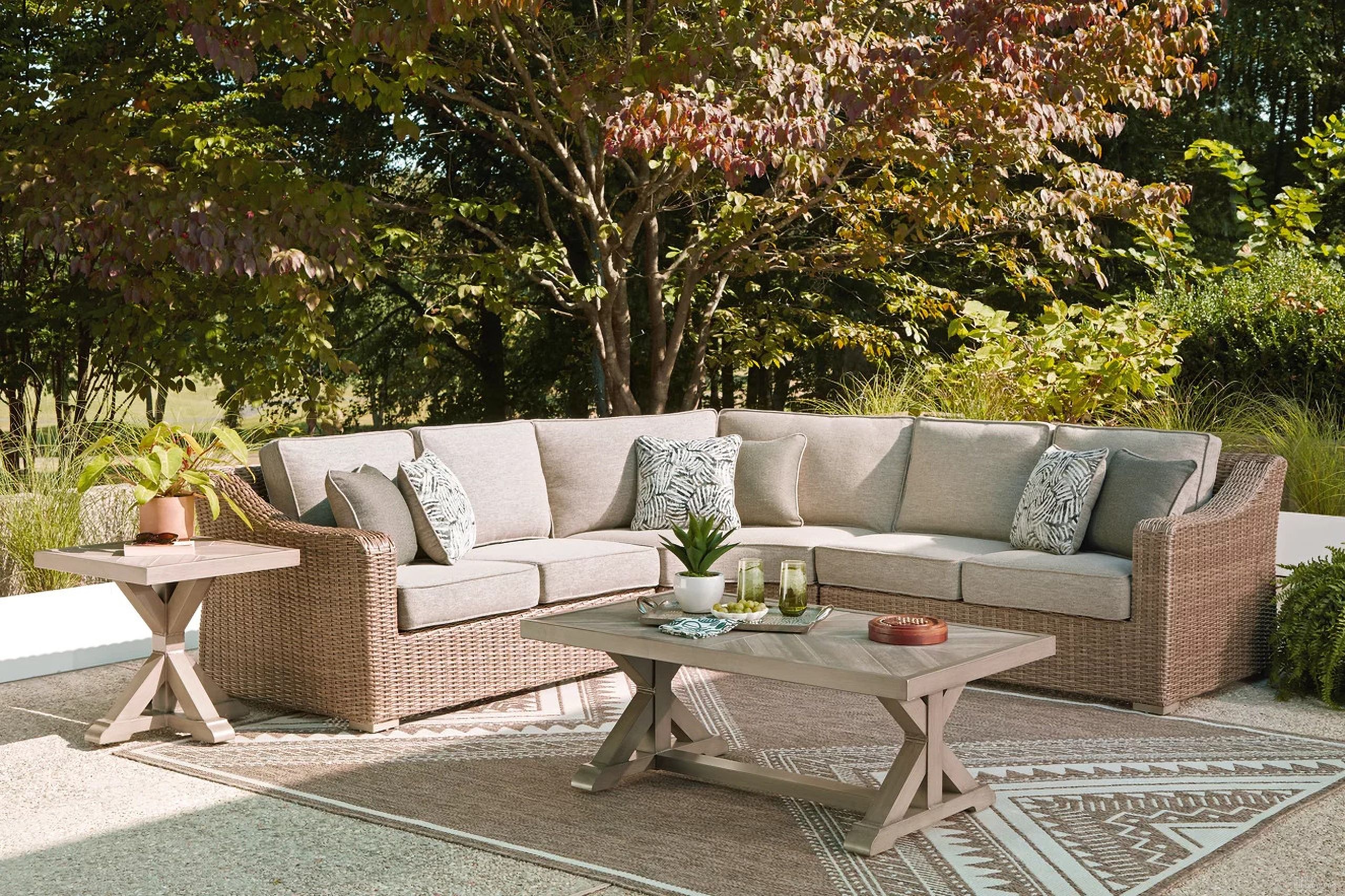The appearance of Carmel Bay 3-Piece Outdoor Sectional In Beige designed by Signature Design by Ashley in the transitional interior design. This beige piece of furniture was selected by 1StopBedrooms from Carmel Bay Collection to add a touch of cosiness and style into your home. Sku: NCP790-854;NCP790-851. Material: Fabric.