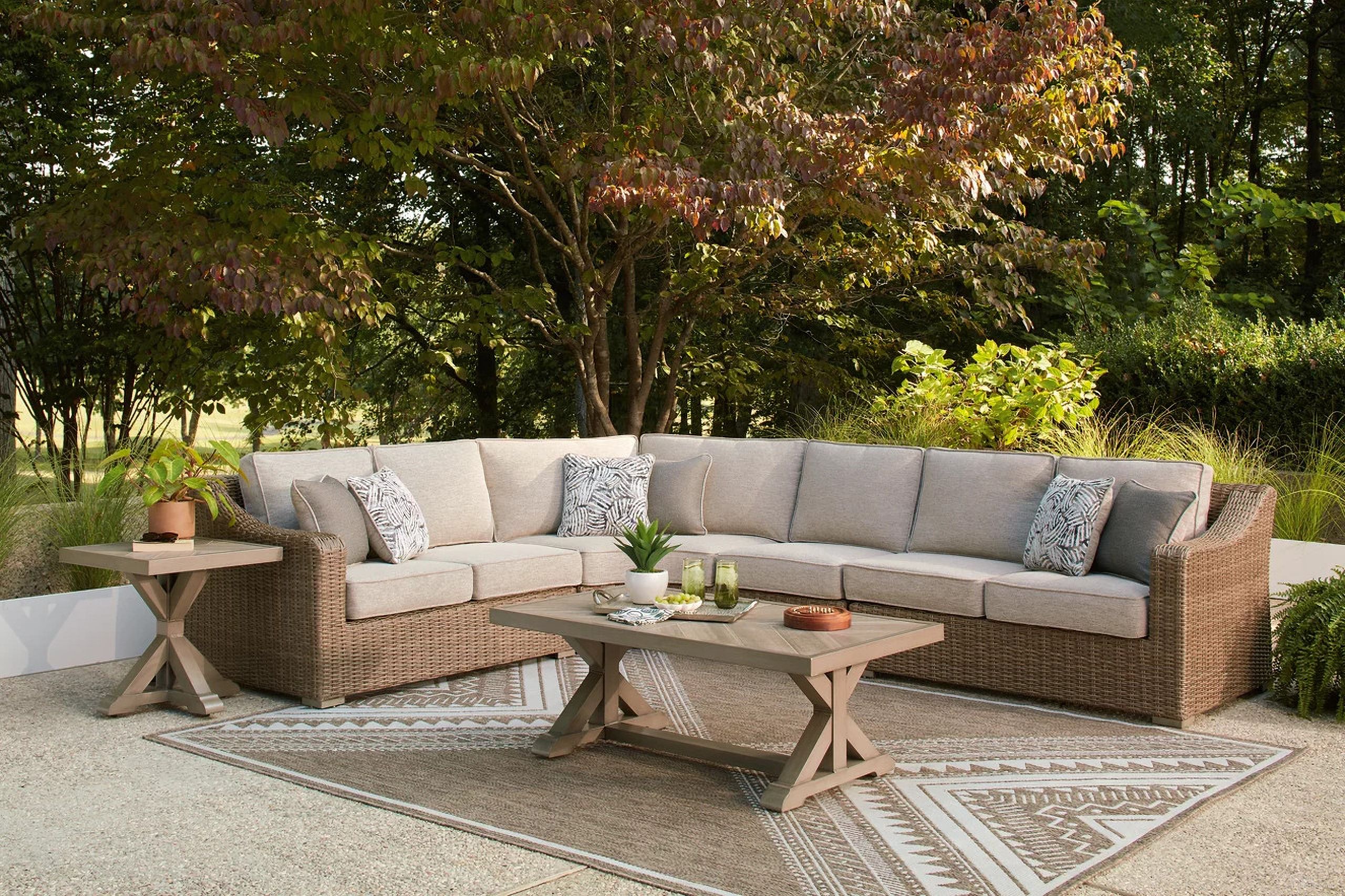 The appearance of Carmel Bay 4-Piece Outdoor Sectional In Beige designed by Signature Design by Ashley in the transitional interior design. This beige piece of furniture was selected by 1StopBedrooms from Carmel Bay Collection to add a touch of cosiness and style into your home. Sku: NCP790-854;NCP790-846;NCP790-851. Material: Fabric.