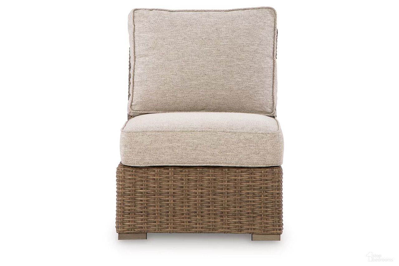 The appearance of Carmel Bay Outdoor Armless Chair with Cushion In Beige designed by Signature Design by Ashley in the transitional interior design. This beige piece of furniture was selected by 1StopBedrooms from Carmel Bay Collection to add a touch of cosiness and style into your home. Sku: NCP790-846. Material: Fabric.