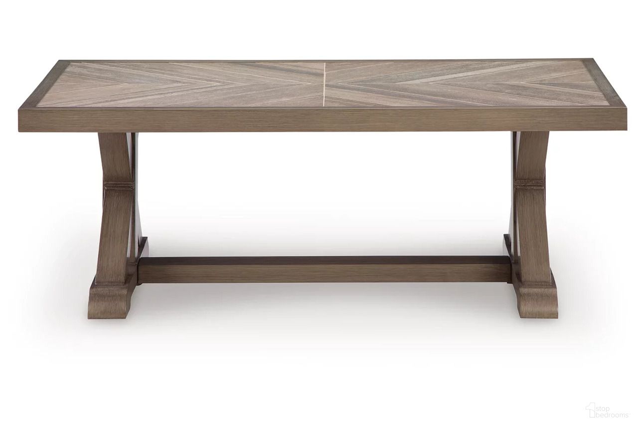The appearance of Carmel Bay Outdoor Coffee Table In Beige designed by Signature Design by Ashley in the transitional interior design. This beige piece of furniture was selected by 1StopBedrooms from Carmel Bay Collection to add a touch of cosiness and style into your home. Sku: NCP790-701. Material: Aluminium.