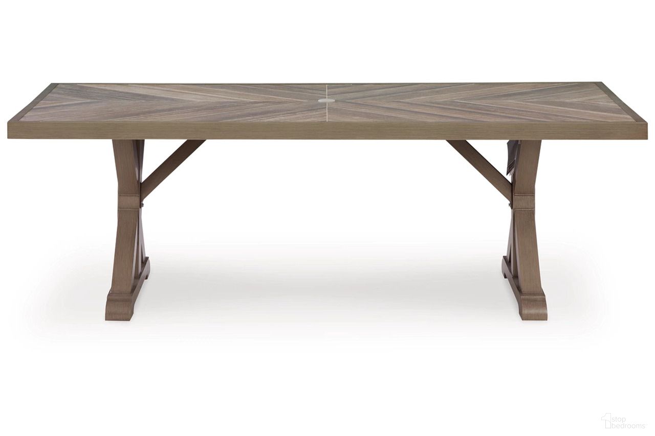 The appearance of Carmel Bay Outdoor Dining Table In Beige designed by Signature Design by Ashley in the transitional interior design. This beige piece of furniture  was selected by 1StopBedrooms from Carmel Bay Collection to add a touch of cosiness and style into your home. Sku: NCP790-625. Table Base Style: Trestle. Table Top Shape: Rectangular.