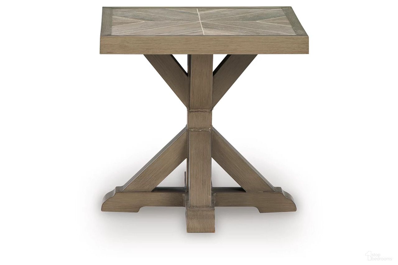 The appearance of Carmel Bay Outdoor End Table In Beige designed by Signature Design by Ashley in the transitional interior design. This beige piece of furniture was selected by 1StopBedrooms from Carmel Bay Collection to add a touch of cosiness and style into your home. Sku: NCP790-702. Material: Aluminium.