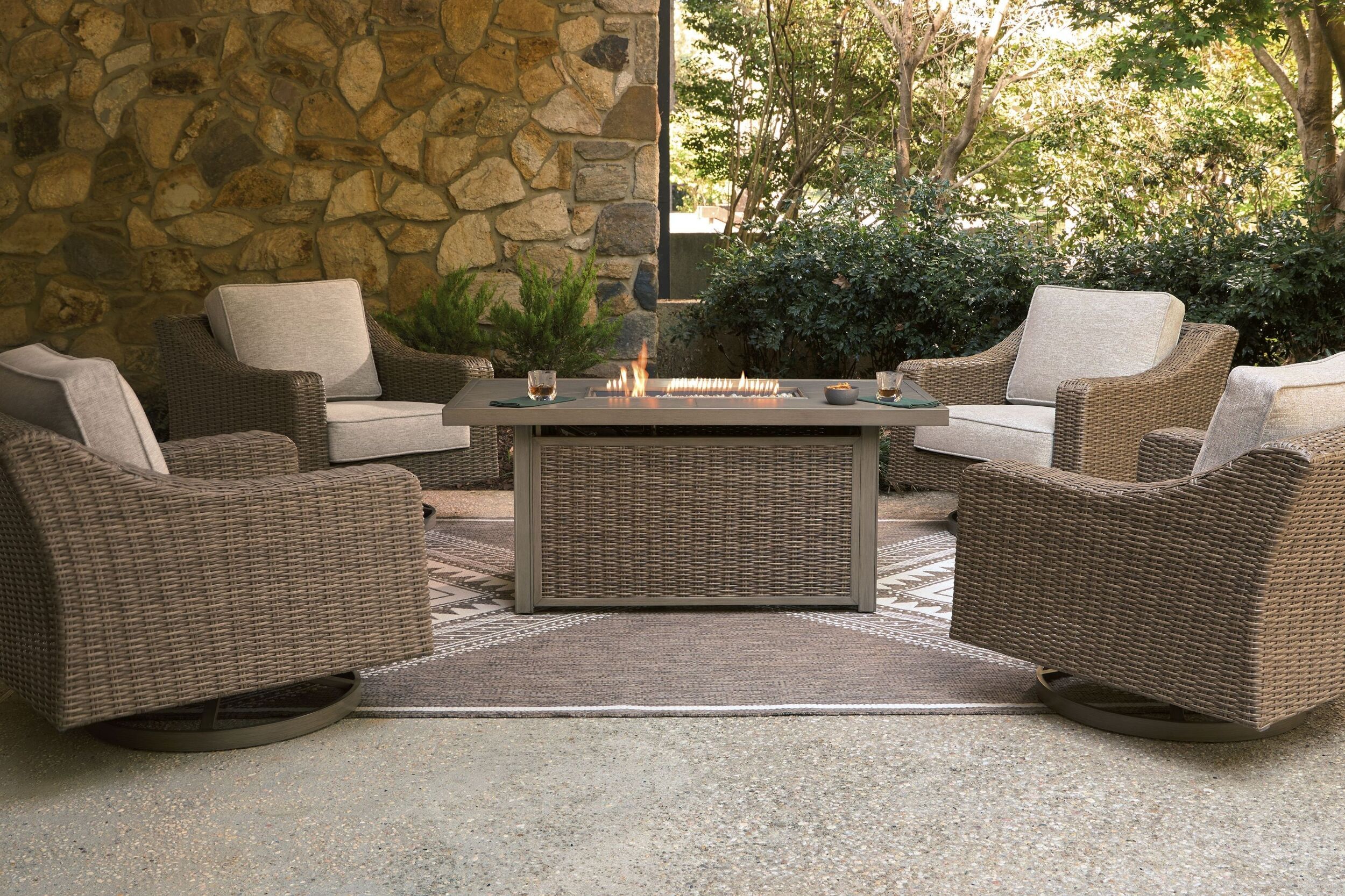 The appearance of Carmel Bay Outdoor Fire Pit Dining Room Set In Beige designed by Signature Design by Ashley in the transitional interior design. This beige piece of furniture was selected by 1StopBedrooms from Carmel Bay Collection to add a touch of cosiness and style into your home. Sku: NCP790-773;NCP790-821. Material: Wicker.