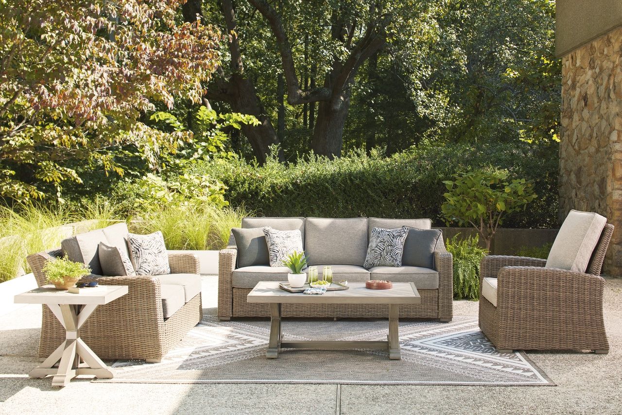 The appearance of Carmel Bay Outdoor Living Room Set with Cushion In Beige designed by Signature Design by Ashley in the transitional interior design. This beige piece of furniture was selected by 1StopBedrooms from Carmel Bay Collection to add a touch of cosiness and style into your home. Sku: NCP790-838;NCP790-835. Material: Fabric.