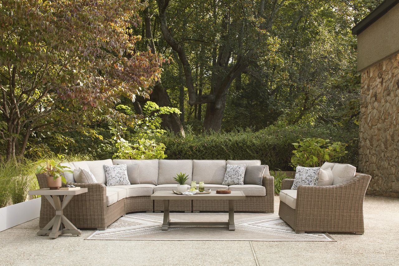The appearance of Carmel Bay Outdoor Occasional Table Set In Beige designed by Signature Design by Ashley in the transitional interior design. This beige piece of furniture was selected by 1StopBedrooms from Carmel Bay Collection to add a touch of cosiness and style into your home. Sku: NCP790-701;NCP790-702. Material: Aluminium.