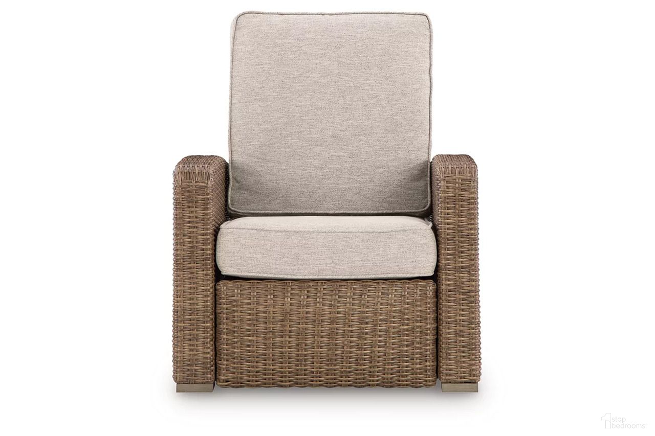 The appearance of Carmel Bay Outdoor Recliner In Beige designed by Signature Design by Ashley in the transitional interior design. This beige piece of furniture was selected by 1StopBedrooms from Carmel Bay Collection to add a touch of cosiness and style into your home. Sku: NCP790-825. Material: Fabric.