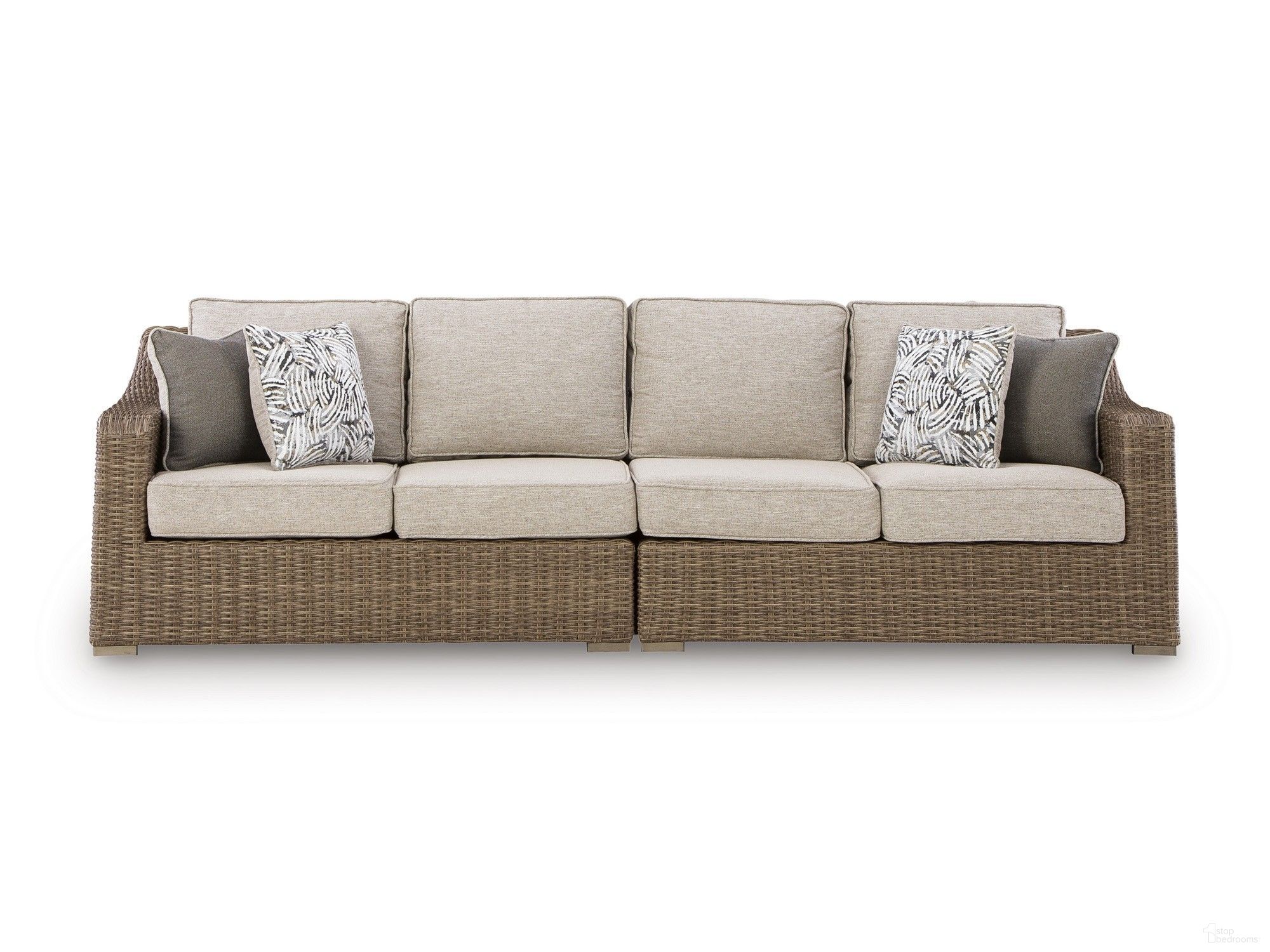 The appearance of Carmel Bay Outdoor Right and Left-arm Facing Loveseat with Cushion Set of 2 In Beige designed by Signature Design by Ashley in the transitional interior design. This beige piece of furniture was selected by 1StopBedrooms from Carmel Bay Collection to add a touch of cosiness and style into your home. Sku: NCP790-854. Material: Fabric.
