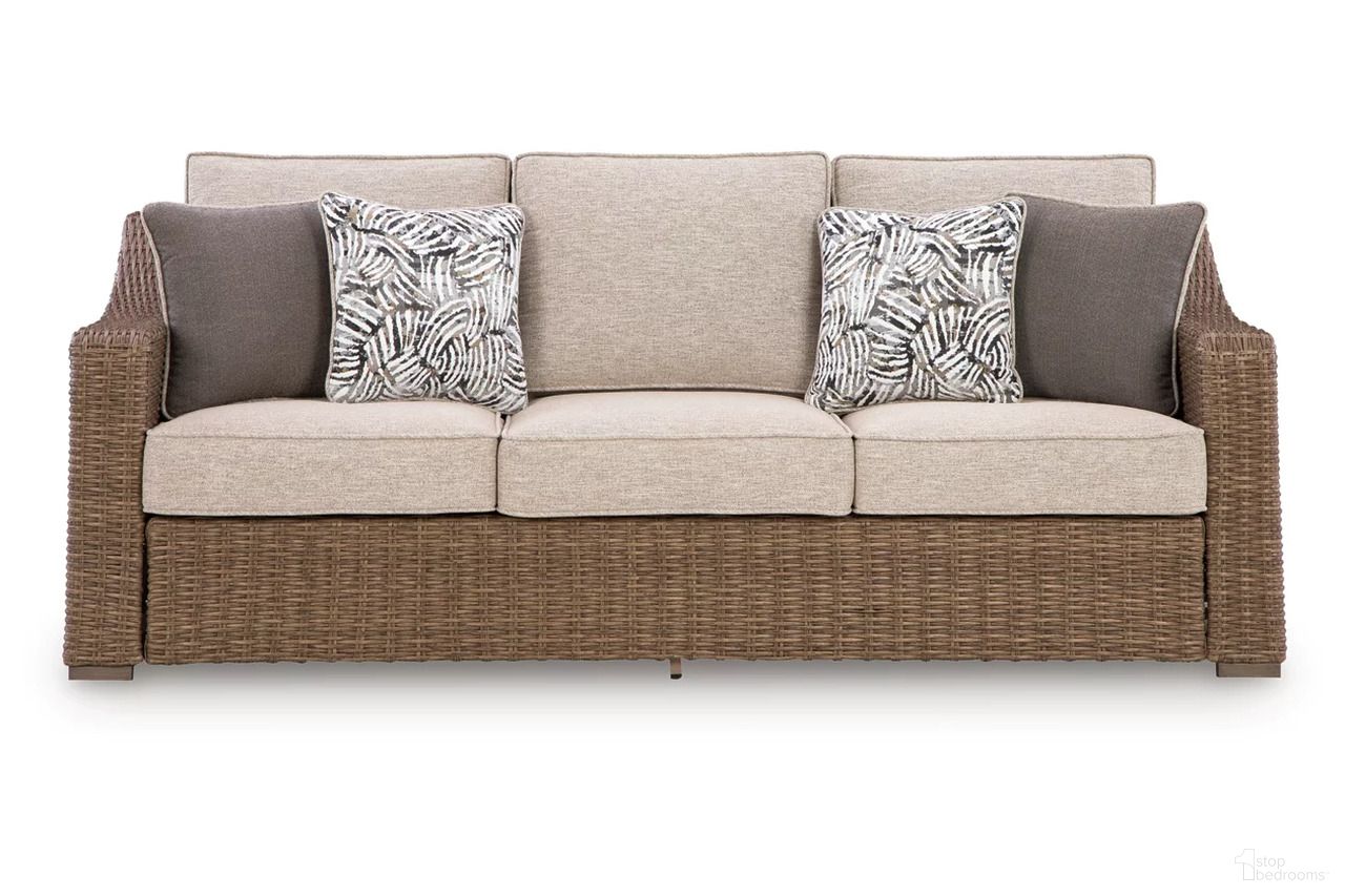 The appearance of Carmel Bay Outdoor Sofa with Cushion In Beige designed by Signature Design by Ashley in the transitional interior design. This beige piece of furniture was selected by 1StopBedrooms from Carmel Bay Collection to add a touch of cosiness and style into your home. Sku: NCP790-838. Material: Fabric.