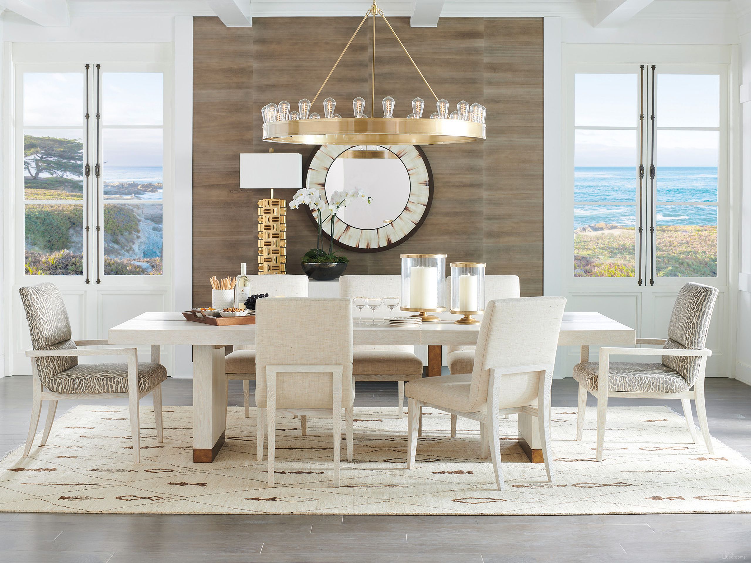 The appearance of Carmel Vista Rectangular Dining Room Set In Monterey designed by Barclay Butera in the transitional interior design. This monterey piece of furniture  was selected by 1StopBedrooms from Carmel Collection to add a touch of cosiness and style into your home. Sku: 931-877;931-882-01. Material: Metal. Table Top Shape: Rectangular. Size: 44" x 88".