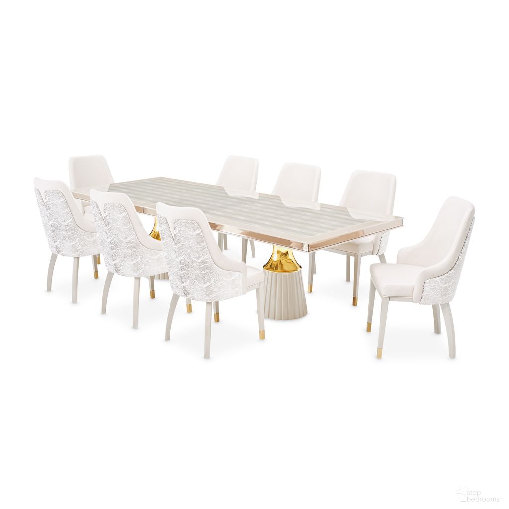 Carmela Double Pedestal Dining Room Set In Shimmer Ivory