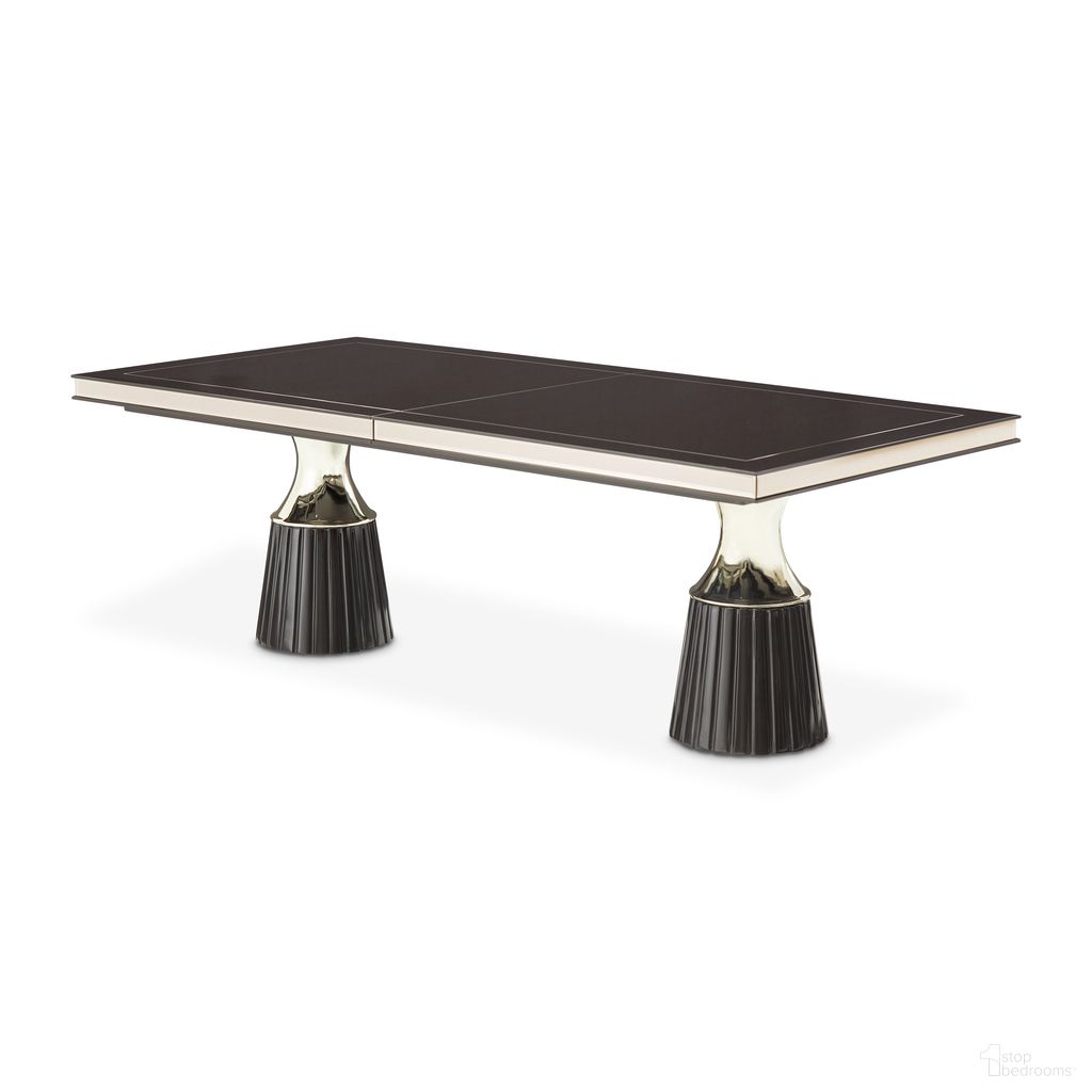 The appearance of Carmela Double Pedestal Dining Table In Glossy Charcoal Sand designed by Michael Amini in the transitional interior design. This charcoal sand piece of furniture was selected by 1StopBedrooms from Carmela Collection to add a touch of cosiness and style into your home. Sku: LFR-CRMA002T-830;LFR-CRMA002B-830. Table Base Style: Double Pedestal. Material: Wood. Size: 42" x 90".