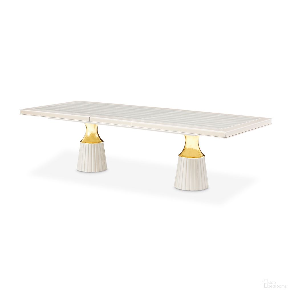 Carmela Double Pedestal Dining Table In Shimmer Ivory