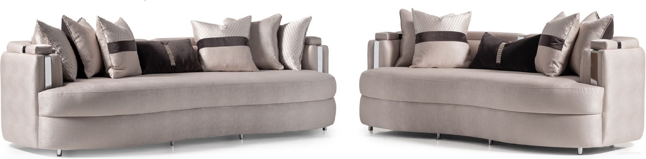 The appearance of Carmela Living Room Set In Silver designed by Michael Amini in the transitional interior design. This silver piece of furniture was selected by 1StopBedrooms from Carmela Collection to add a touch of cosiness and style into your home. Sku: LFR-CRMA815-ZNC-808;LFR-CRMA816-ZNC-808. Material: Beech.