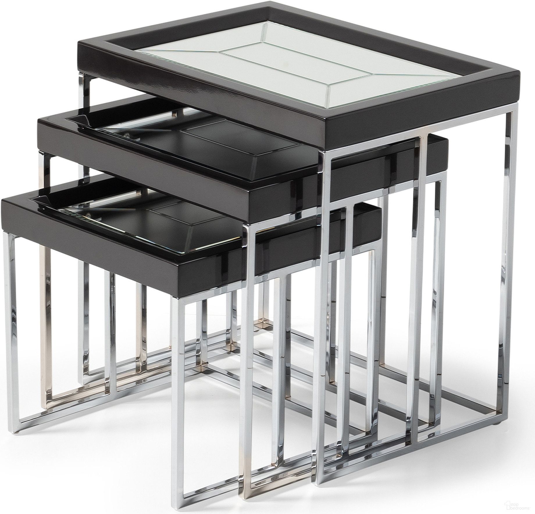The appearance of Carmela Nesting Tables Set of 3 In Glossy Charcoal Sand designed by Michael Amini in the transitional interior design. This charcoal sand piece of furniture  was selected by 1StopBedrooms from Carmela Collection to add a touch of cosiness and style into your home. Sku: LFR-CRMA224-830. Material: MDF.