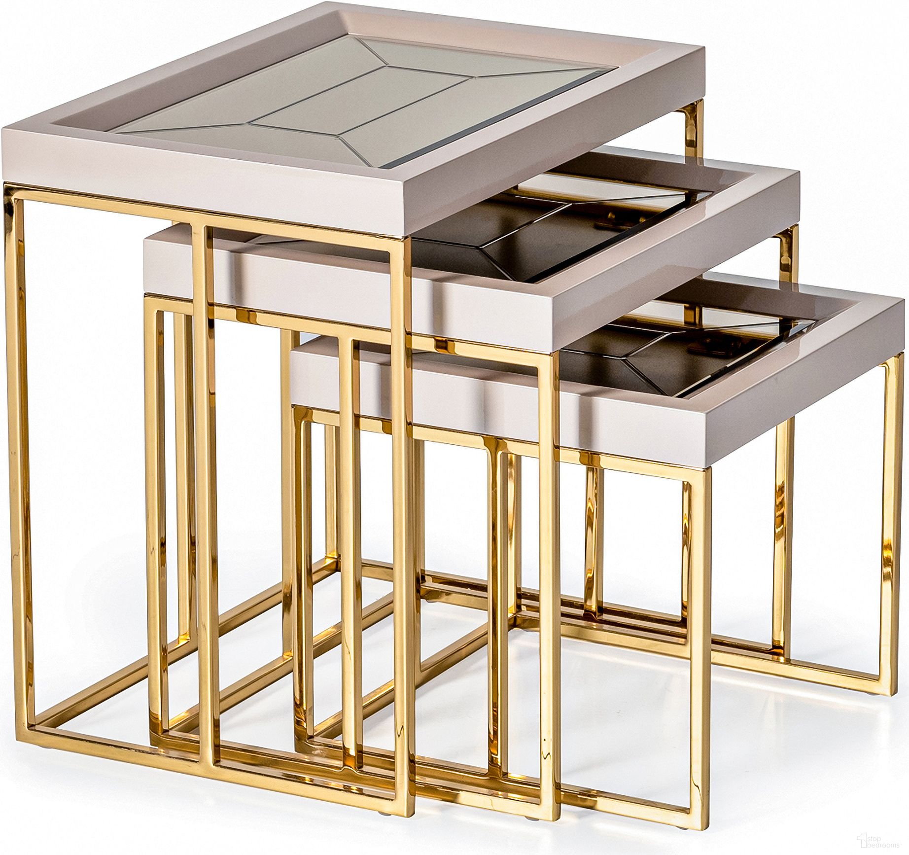 The appearance of Carmela Nesting Tables Set of 3 In Shimmer Ivory designed by Michael Amini in the transitional interior design. This shimmer ivory piece of furniture  was selected by 1StopBedrooms from Carmela Collection to add a touch of cosiness and style into your home. Sku: LFR-CRMA224-141. Material: MDF.