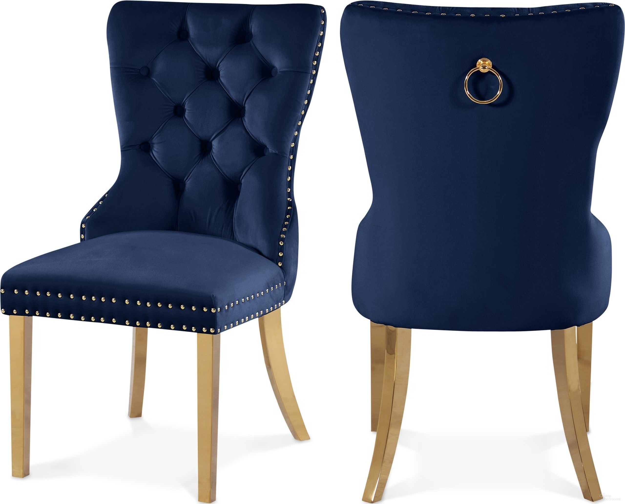 The appearance of Carmen Velvet Dining Chairs Set of 2 In Navy designed by Meridian in the modern / contemporary interior design. This navy piece of furniture was selected by 1StopBedrooms from Carmen Collection to add a touch of cosiness and style into your home. Sku: 812Navy-C. Material: Velvet. Chair Type: Side Chair.