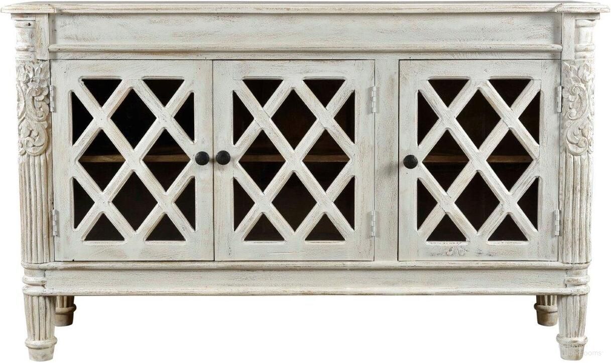 The appearance of Carmenita Carlyle 3 Door Sideboard with Glass Inserts In Antique White designed by Moti in the traditional interior design. This antique white piece of furniture was selected by 1StopBedrooms from Carmenita Collection to add a touch of cosiness and style into your home. Sku: 91009001. Material: Wood.
