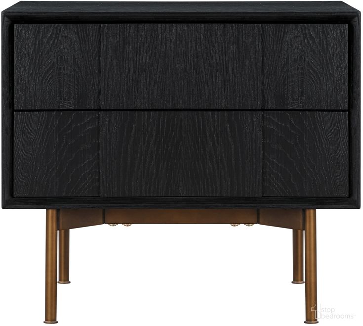 The appearance of Carnaby 2 Drawer Nightstand In Black Brushed Oak and Bronze designed by Armen Living in the modern / contemporary interior design. This black piece of furniture was selected by 1StopBedrooms from Carnaby Collection to add a touch of cosiness and style into your home. Sku: LCCFLABL. Material: Wood.