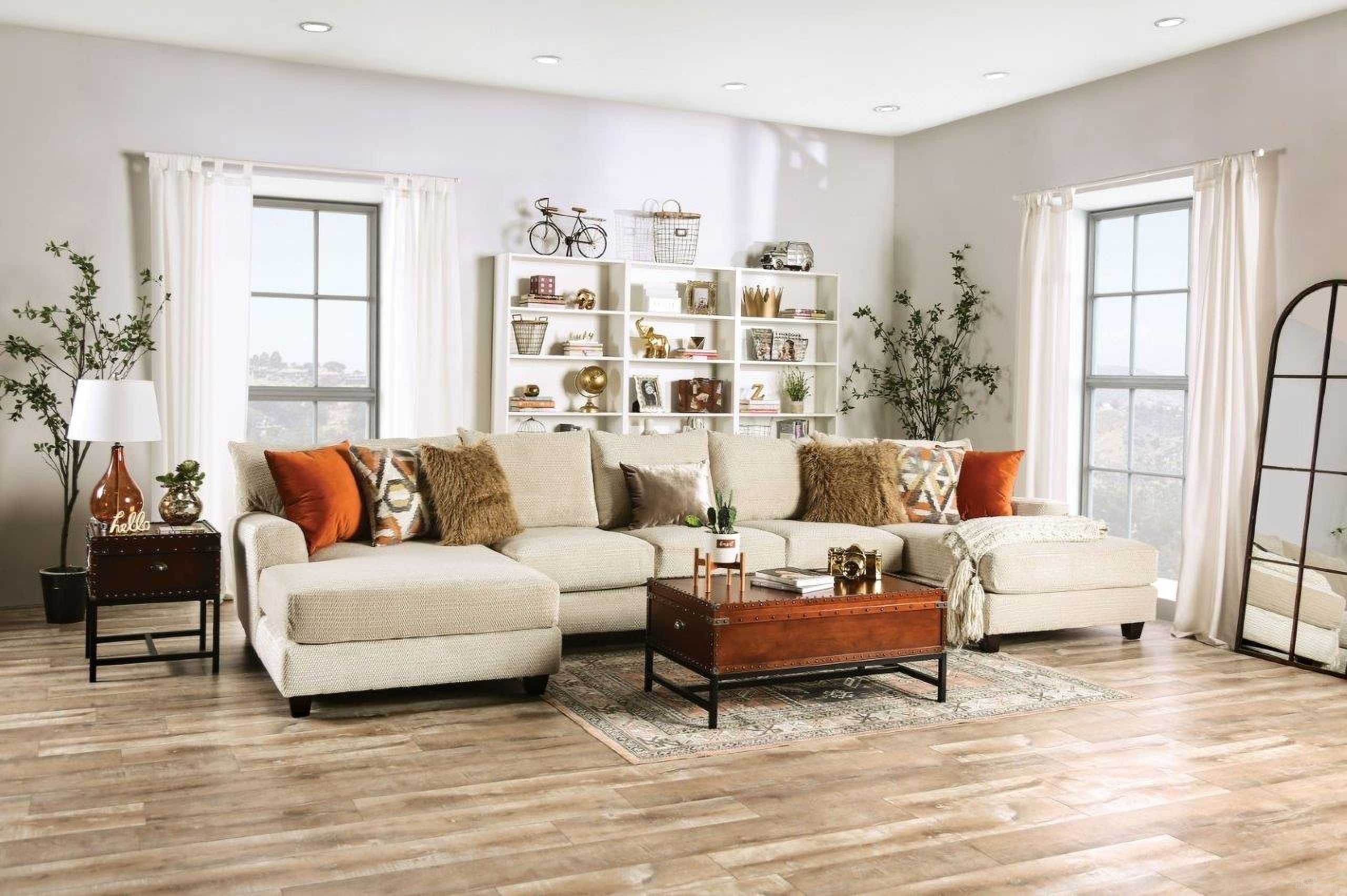 The appearance of Carnforth Sectional In Tan designed by Furniture of America in the transitional interior design. This tan piece of furniture  was selected by 1StopBedrooms from Carnforth Collection to add a touch of cosiness and style into your home. Sku: SM5218-1;SM5218-2;SM5218-3. Material: Microfiber. Layout: U-Shape.