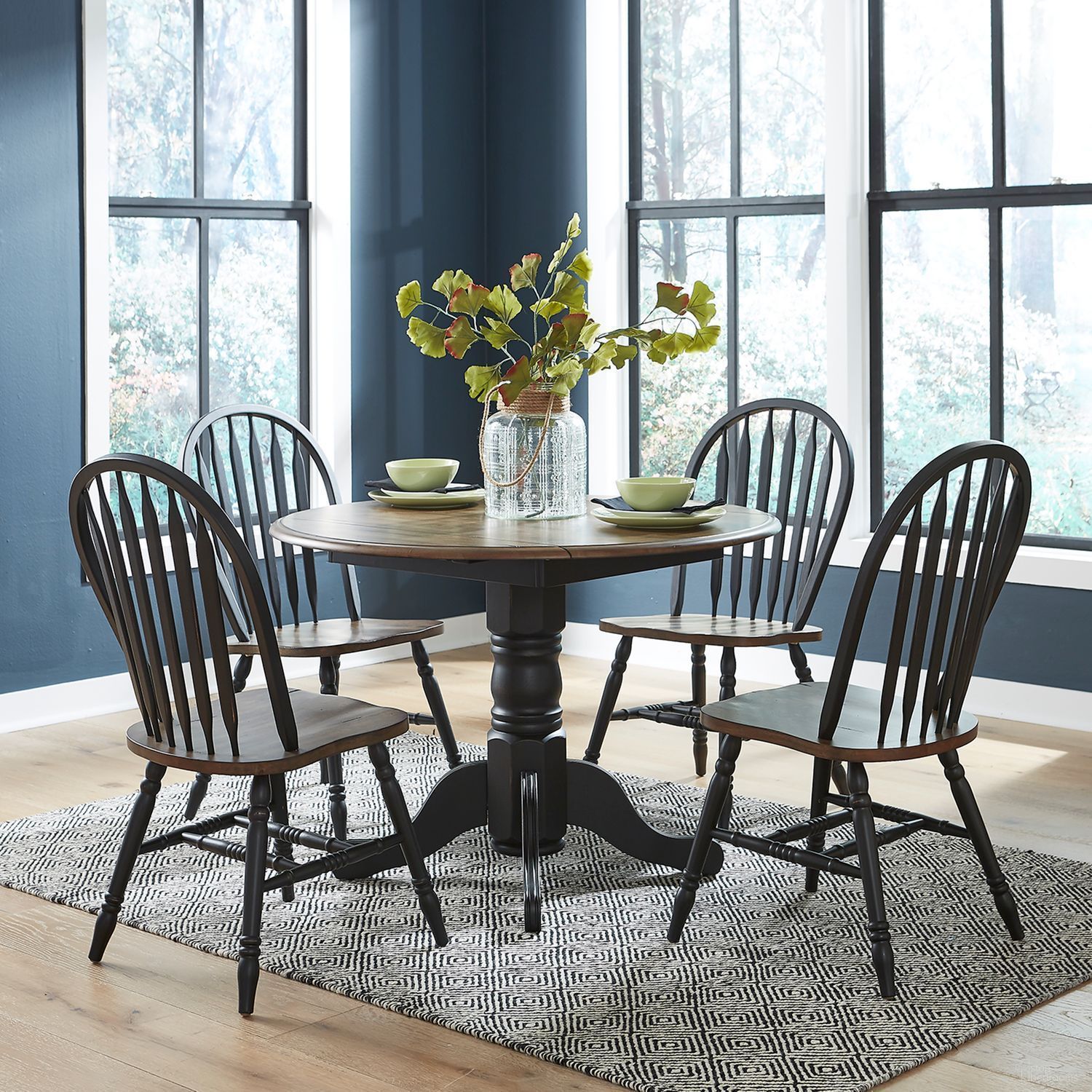 The appearance of Carolina Crossing Antique Honey And Black Drop Leaf Extendable Dining Room Set designed by Liberty in the transitional interior design. This dark brown piece of furniture was selected by 1StopBedrooms from Carolina Crossing Collection to add a touch of cosiness and style into your home. Sku: 186B-P4242;186B-T4242;186B-C1000S. Table Base Style: Pedestal. Material: Rubberwood. Size: 42".
