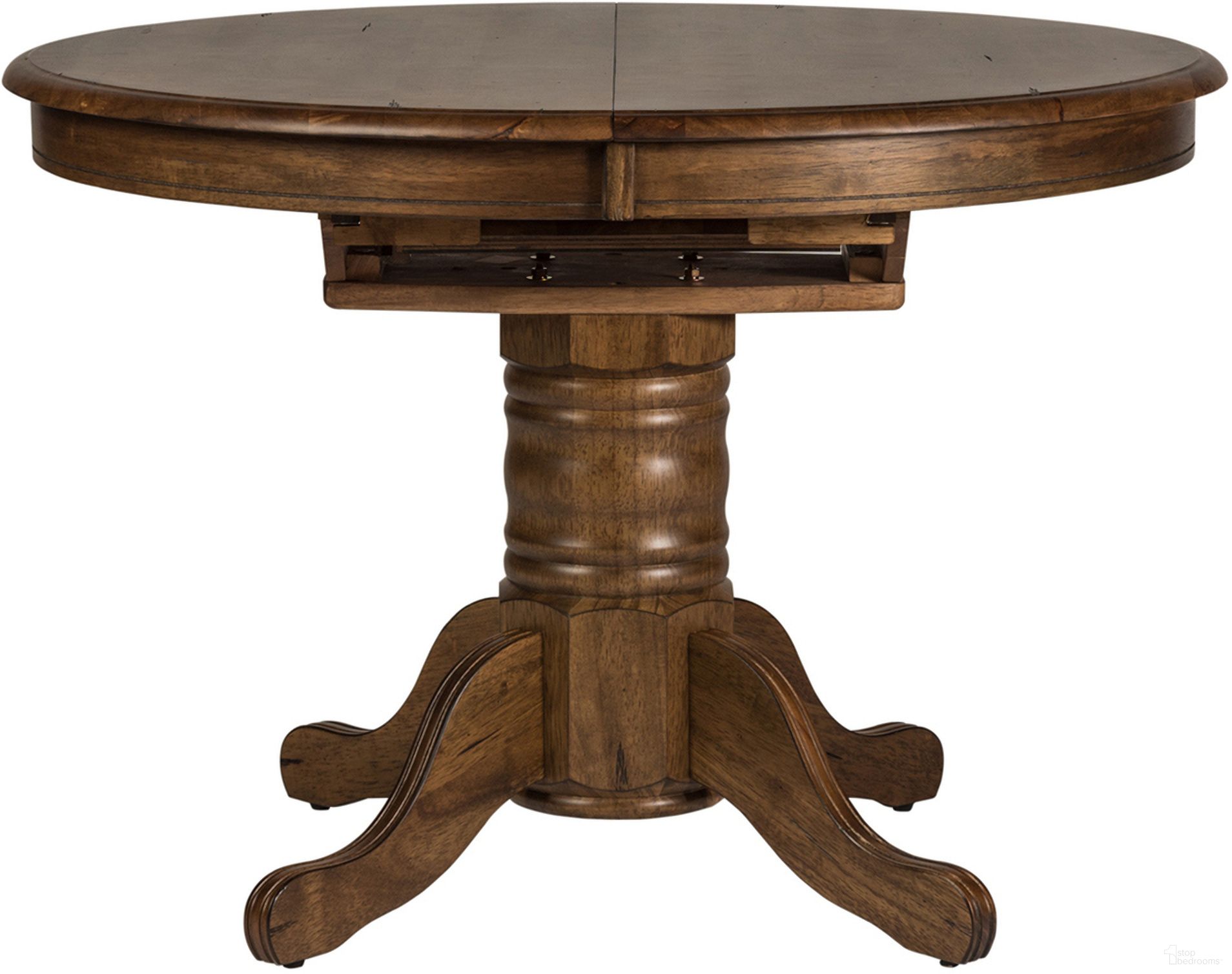 The appearance of Carolina Crossing Pedestal Table In Antique Honey designed by Liberty in the country / farmhouse interior design. This antique honey piece of furniture was selected by 1StopBedrooms from Carolina Crossing Collection to add a touch of cosiness and style into your home. Sku: 186-P4257;186-T4257. Table Base Style: Pedestal. Table Top Shape: Oval. Size: 57" x 42". Material: Solid Rubberwood.