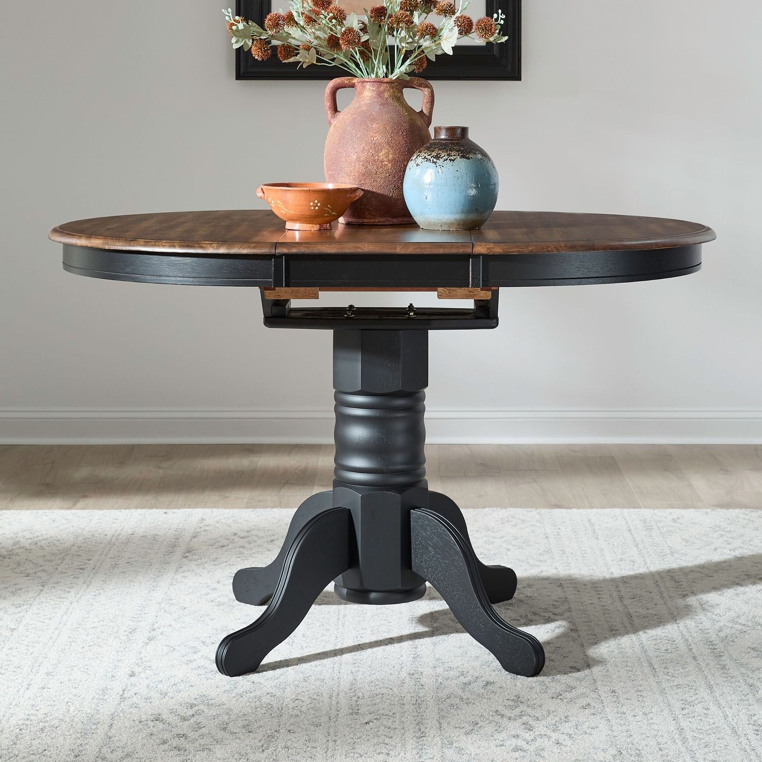 The appearance of Carolina Crossing Gathering Table Set In Black and Antique Honey designed by Liberty in the country / farmhouse interior design. This black and antique honey piece of furniture  was selected by 1StopBedrooms from Carolina Crossing Collection to add a touch of cosiness and style into your home. Sku: 186B-GT4257;186B-GT4257B. Size: 57" x 42". Material: Solid Rubberwood.