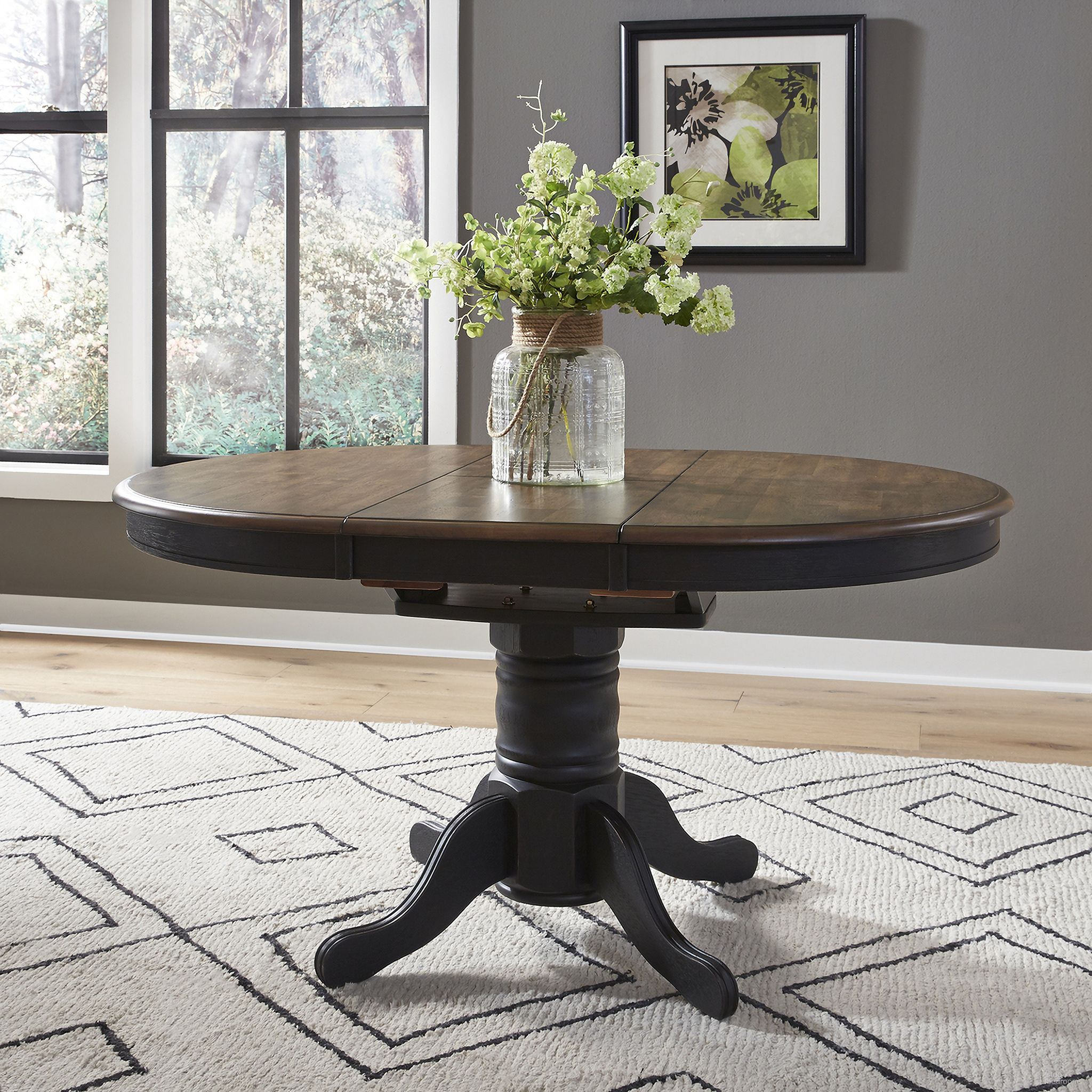 The appearance of Carolina Crossing Pedestal Table Set Black In Black With Antique Honey Top designed by Liberty in the country / farmhouse interior design. This black and antique honey piece of furniture was selected by 1StopBedrooms from Carolina Crossing Collection to add a touch of cosiness and style into your home. Sku: 186B-P4257;186B-T4257. Table Base Style: Pedestal. Table Top Shape: Oval. Material: Rubberwood. Size: 57" x 42".