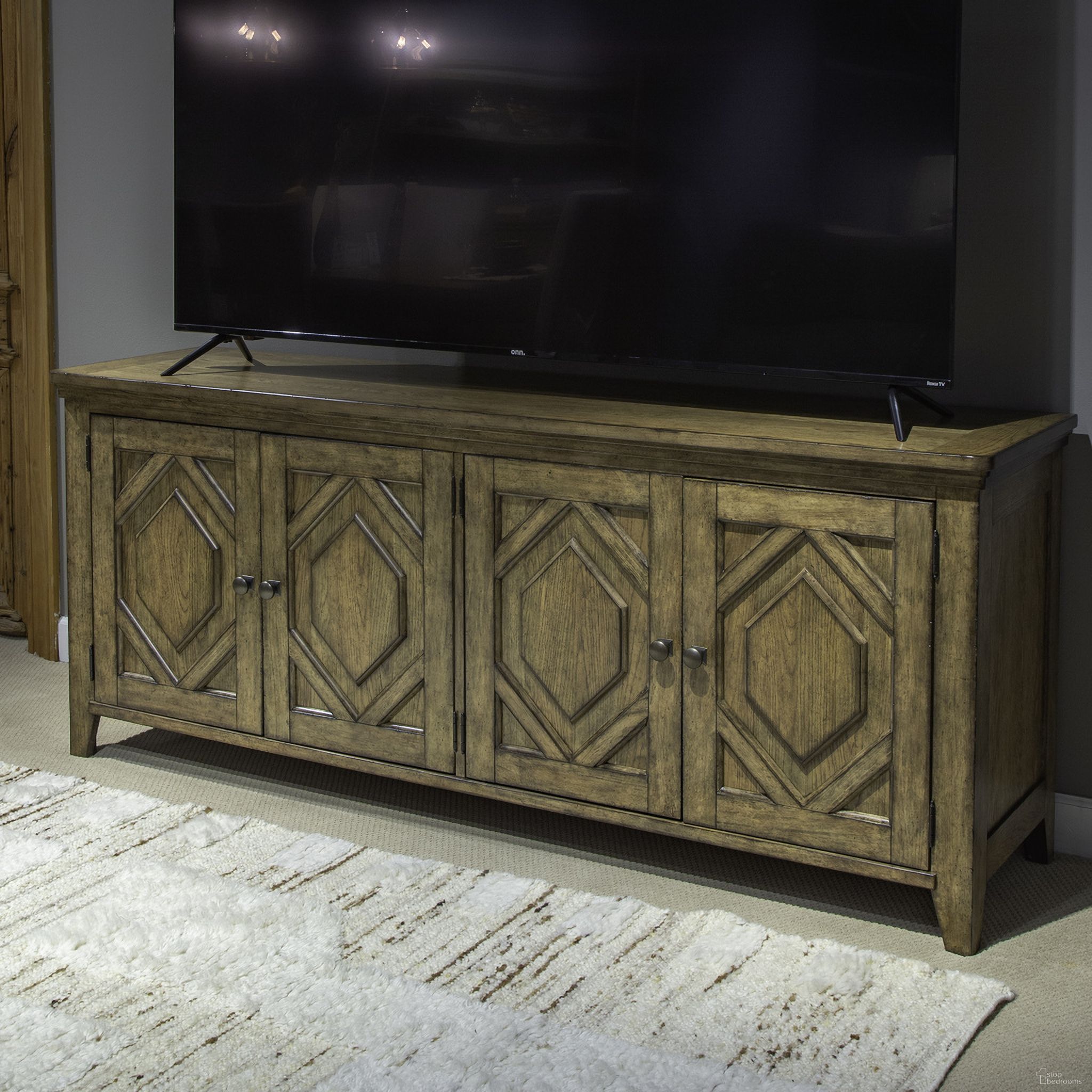 The appearance of Carolina Park 78 Inch TV Console In Brown designed by Liberty in the transitional interior design. This brown piece of furniture was selected by 1StopBedrooms from Carolina Park Collection to add a touch of cosiness and style into your home. Sku: 930-TV78. Material: Solid Rubberwood.