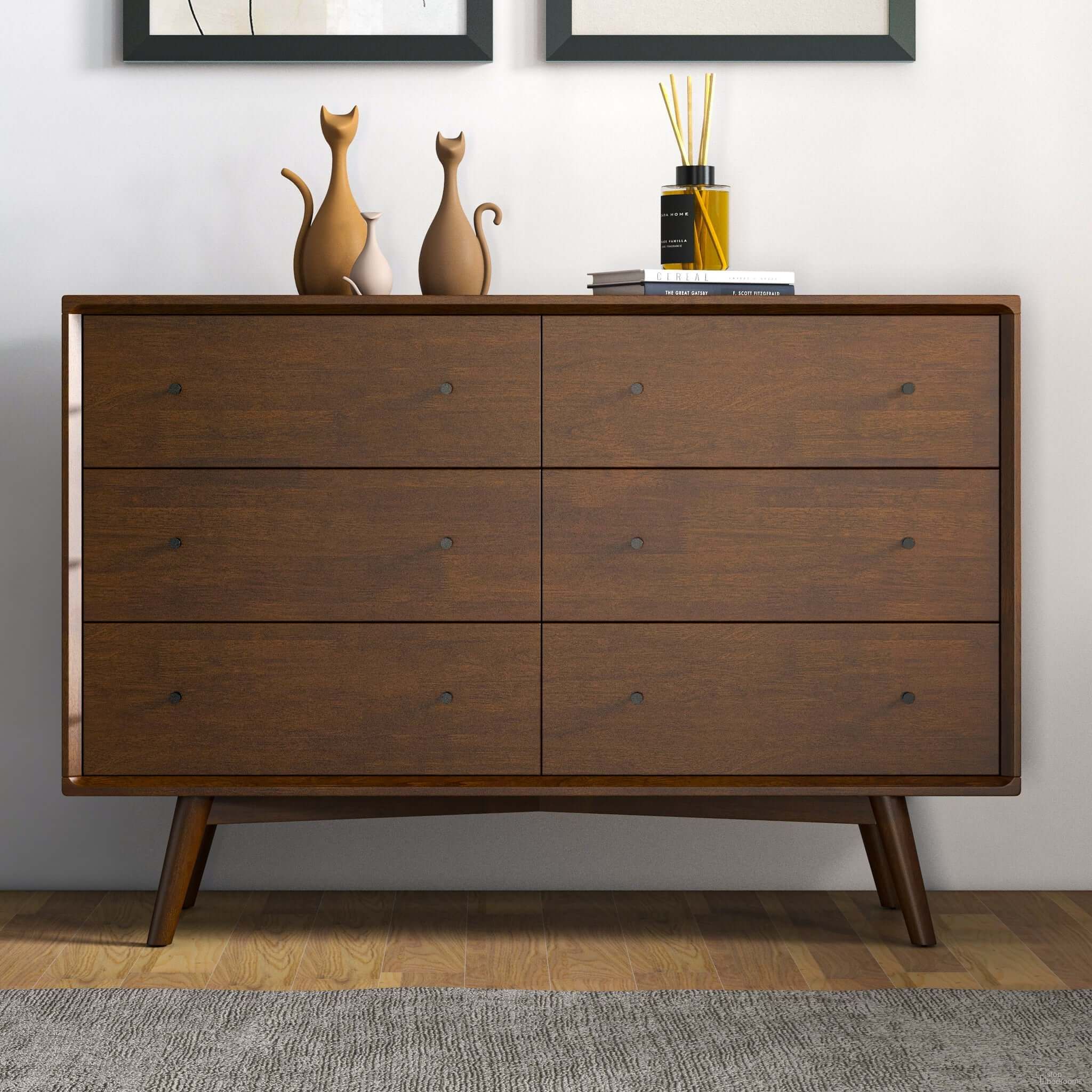 Caroline Mid Century Modern Brown Dresser With 6 Drawers