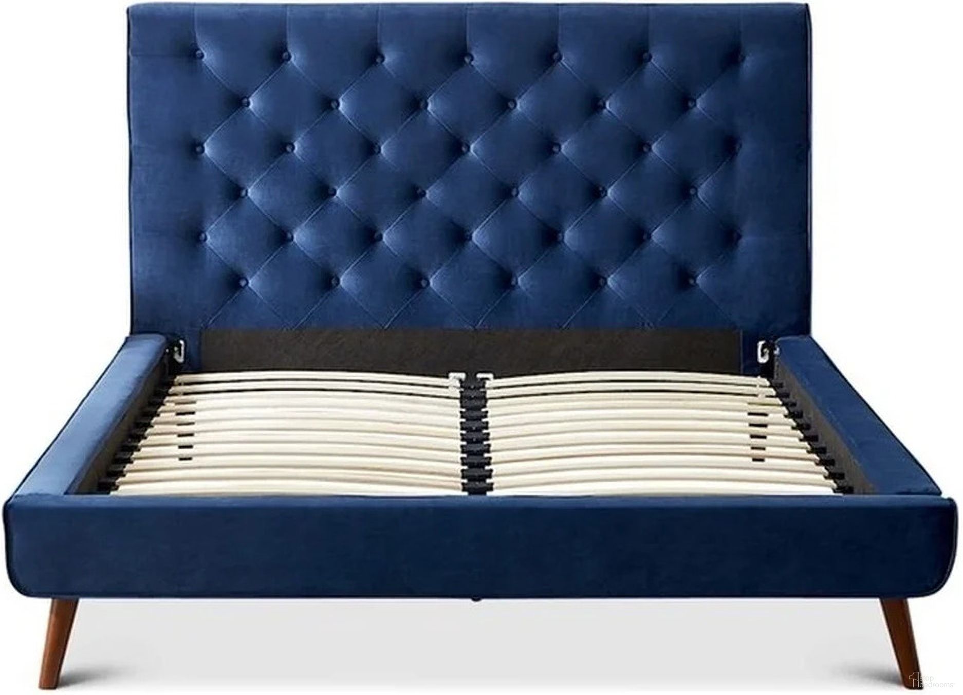 The appearance of Caroline Queen Navy Blue Velvet Platform Bed designed by Ashcroft Furniture in the transitional interior design. This navy blue piece of furniture was selected by 1StopBedrooms from Caroline Collection to add a touch of cosiness and style into your home. Sku: BED00300201. Bed Type: Platform Bed. Material: Wood. Bed Size: Queen.