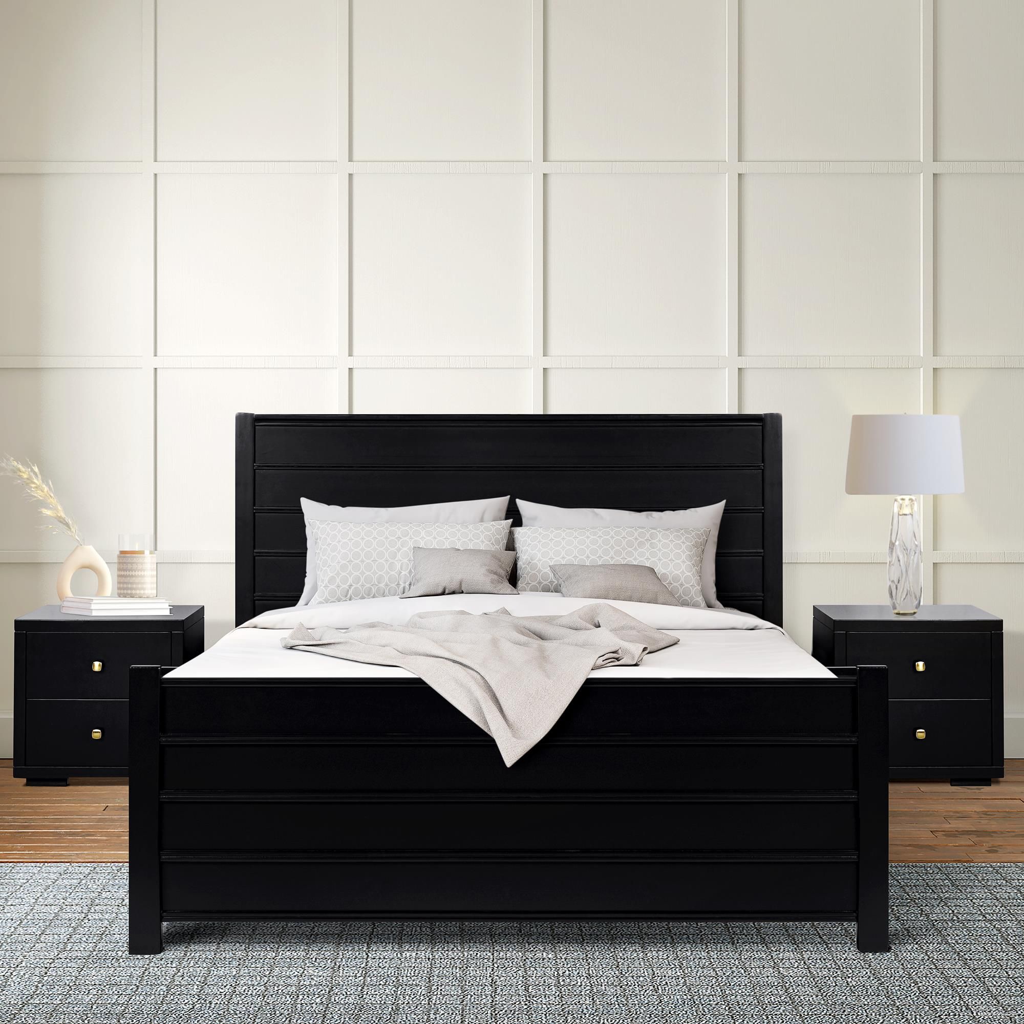 The appearance of Caroline Wooden King Platform Bed with 2 Nightstands In Black designed by Camden Isle Furniture in the modern / contemporary interior design. This black piece of furniture  was selected by 1StopBedrooms from Caroline Collection to add a touch of cosiness and style into your home. Sku: 116133-1;110102;122134;122134. Bed Type: Platform Bed. Material: Wood. Bed Size: King.