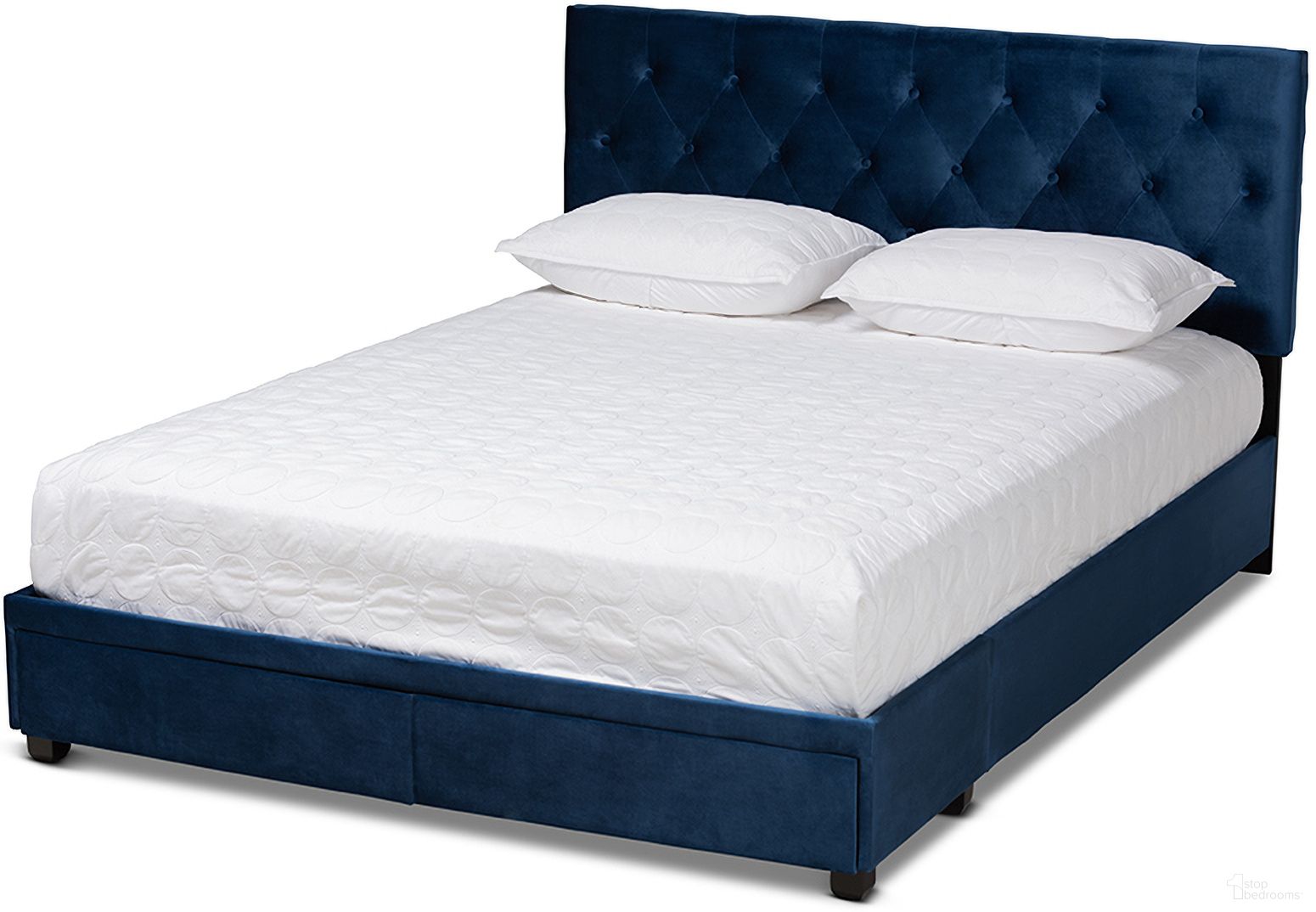 The appearance of Caronia Modern And Contemporary Navy Blue Velvet Fabric Upholstered 2-Drawer Queen Size Platform Storage Bed designed by Baxton Studio in the modern / contemporary interior design. This navy blue piece of furniture was selected by 1StopBedrooms from Caronia Collection to add a touch of cosiness and style into your home. Sku: Caronia-Navy-Queen. Bed Type: Storage Bed. Bed Size: Queen. Material: MDF.