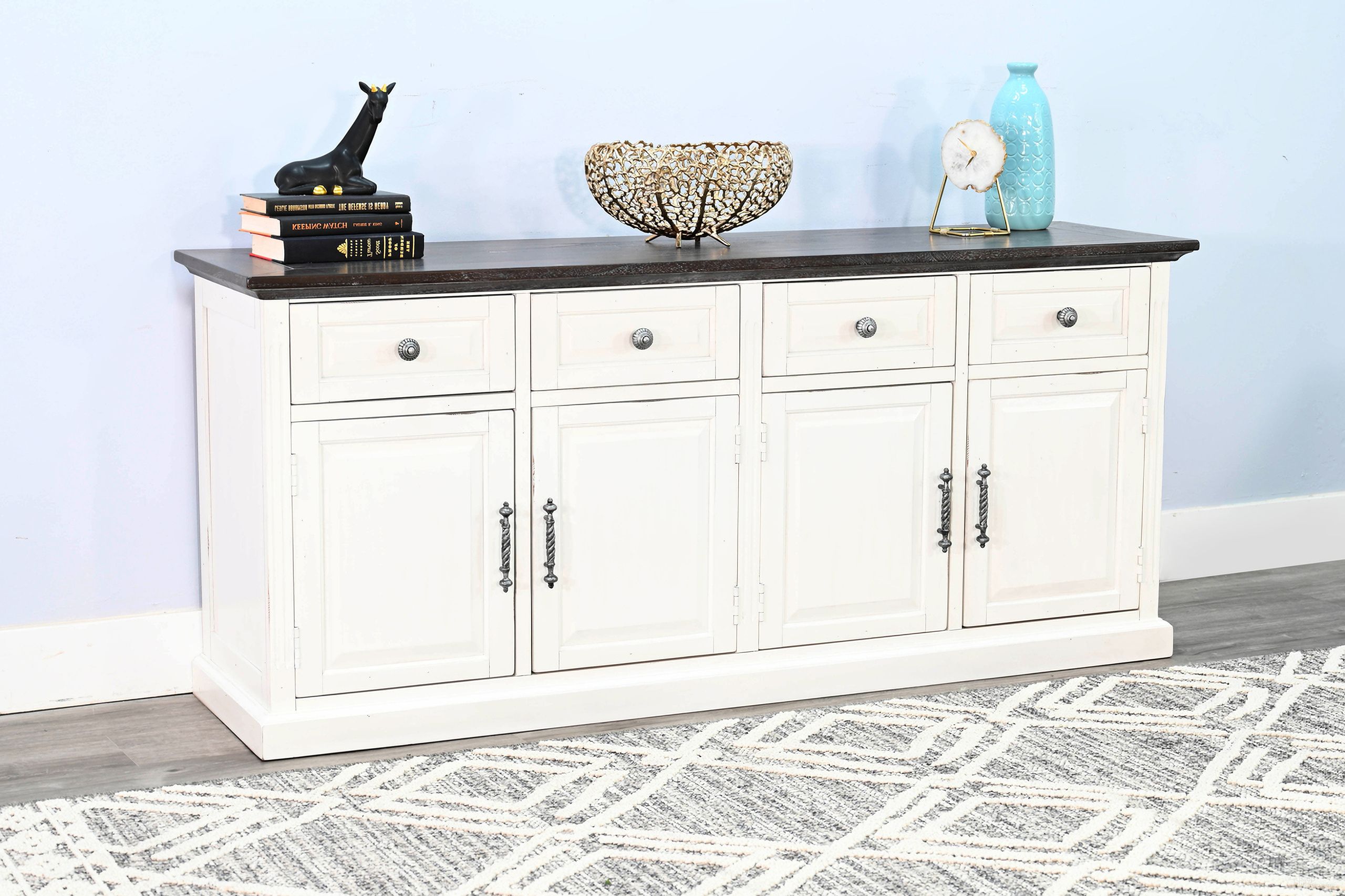 The appearance of Carriage House Credenza In White designed by Sunny Designs in the transitional interior design. This european cottage piece of furniture was selected by 1StopBedrooms from Carriage House Collection to add a touch of cosiness and style into your home. Sku: 2844EC-C. Material: Solid Wood.