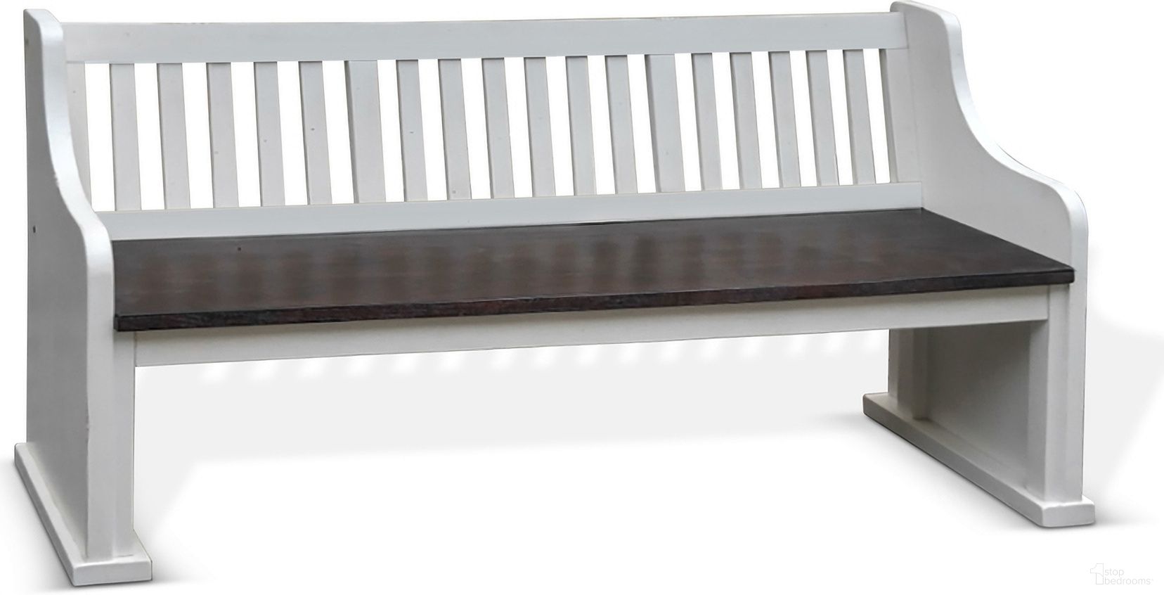 The appearance of Carriage House Off White and Dark Brown Slat Back Bench designed by Sunny Designs in the country / farmhouse interior design. This european cottage piece of furniture  was selected by 1StopBedrooms from Carriage House Collection to add a touch of cosiness and style into your home. Sku: 1629EC. Material: Solid Wood.